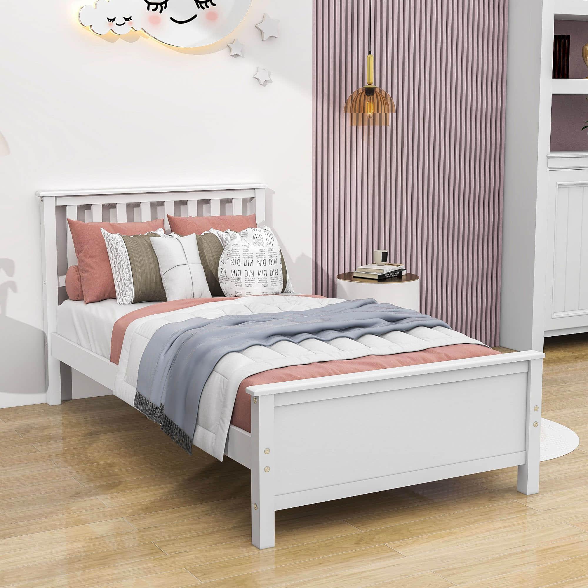 Wooden Twin Platform Bed with Headboard for Kids, Adult