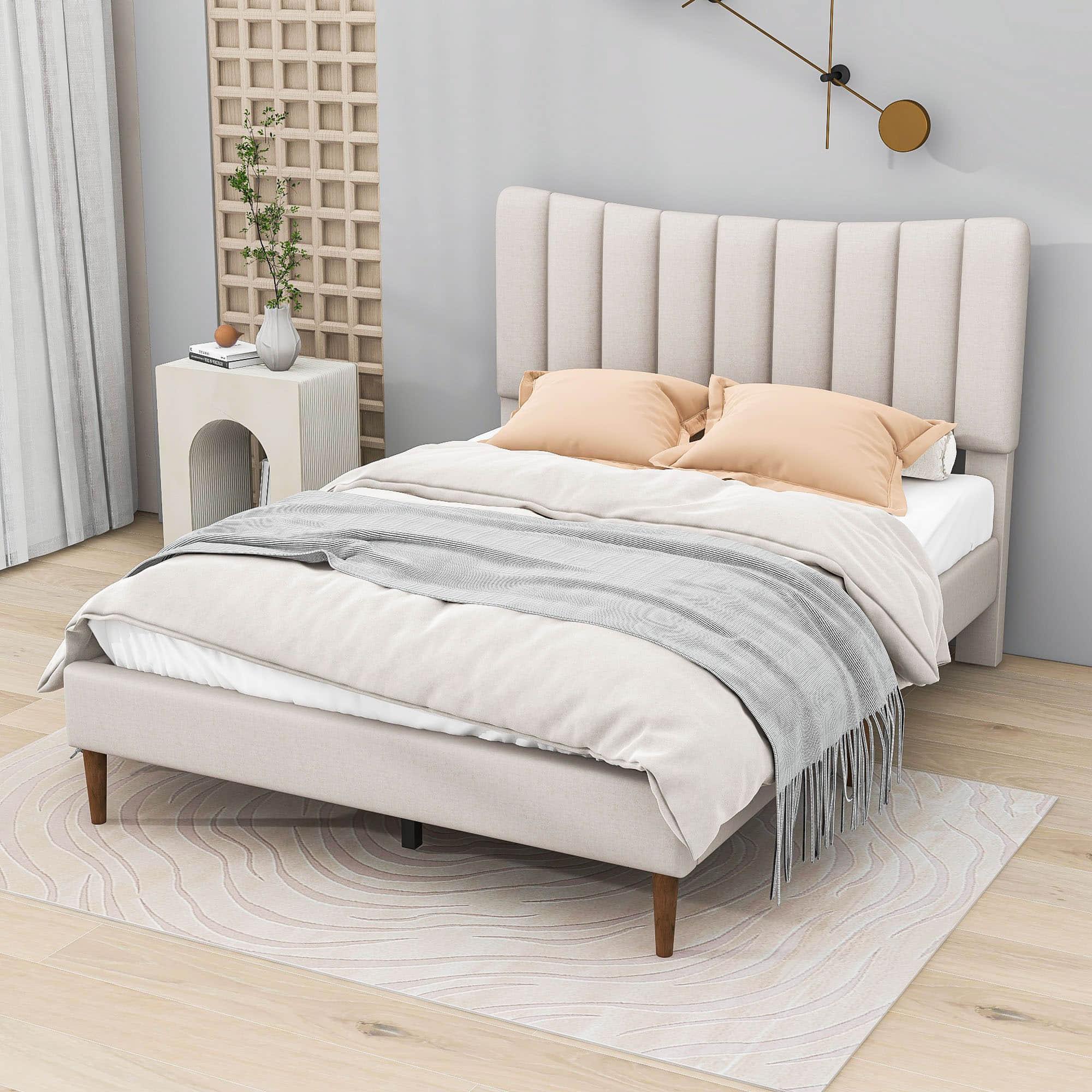 Full Size Linen Upholstered Platform Low Bed Frame with Headboard