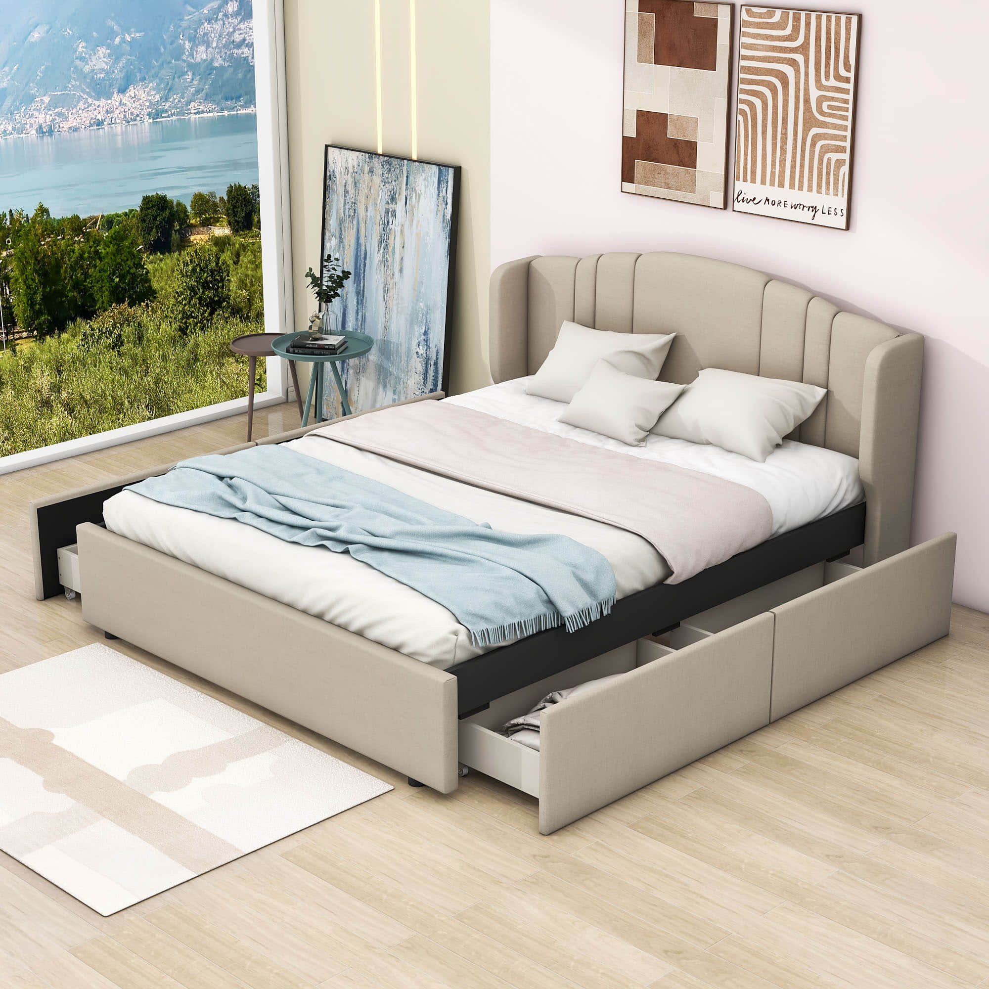 Queen Modern Upholstered Bed Frame with Headboard and Storage