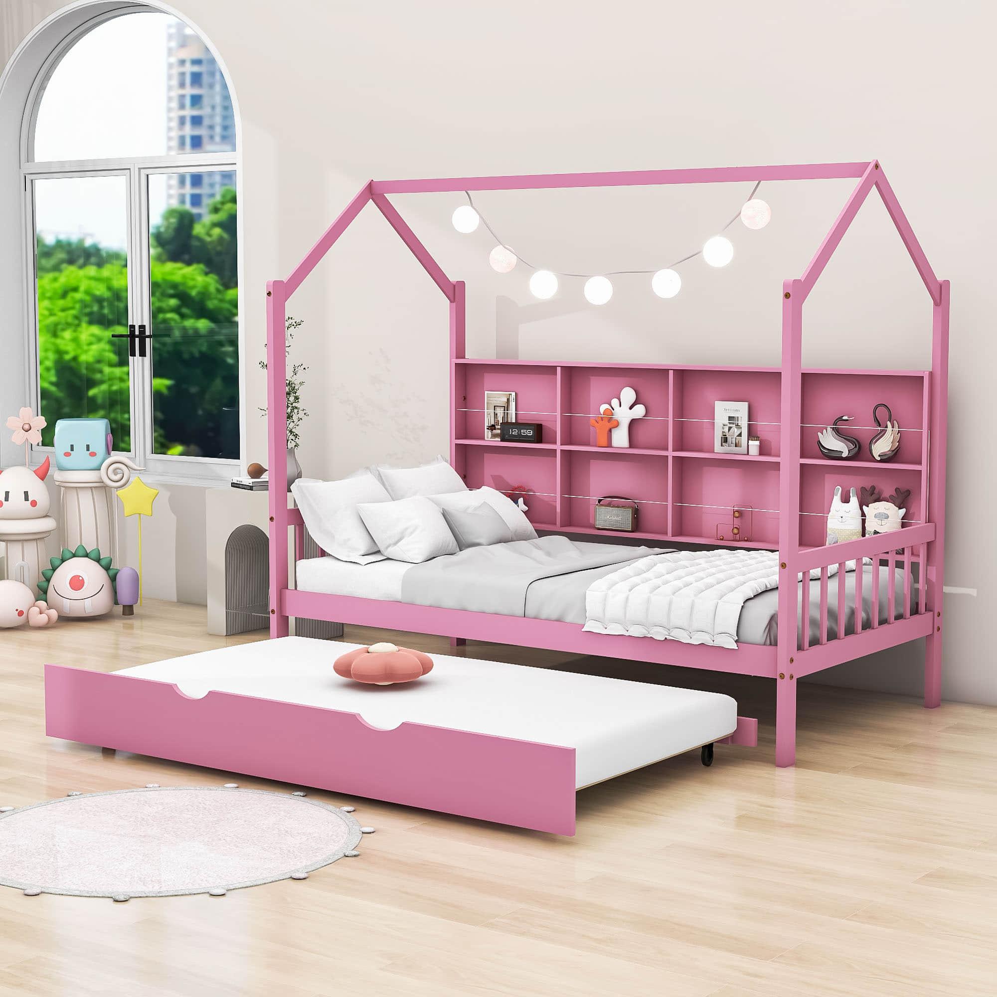 Twin Size Kids House Bed Frame with Twin Trundle and Shelf above Bed