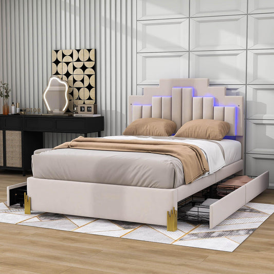 Upholstered Platform Full Size Bed Frame with Headboard and LED Lights