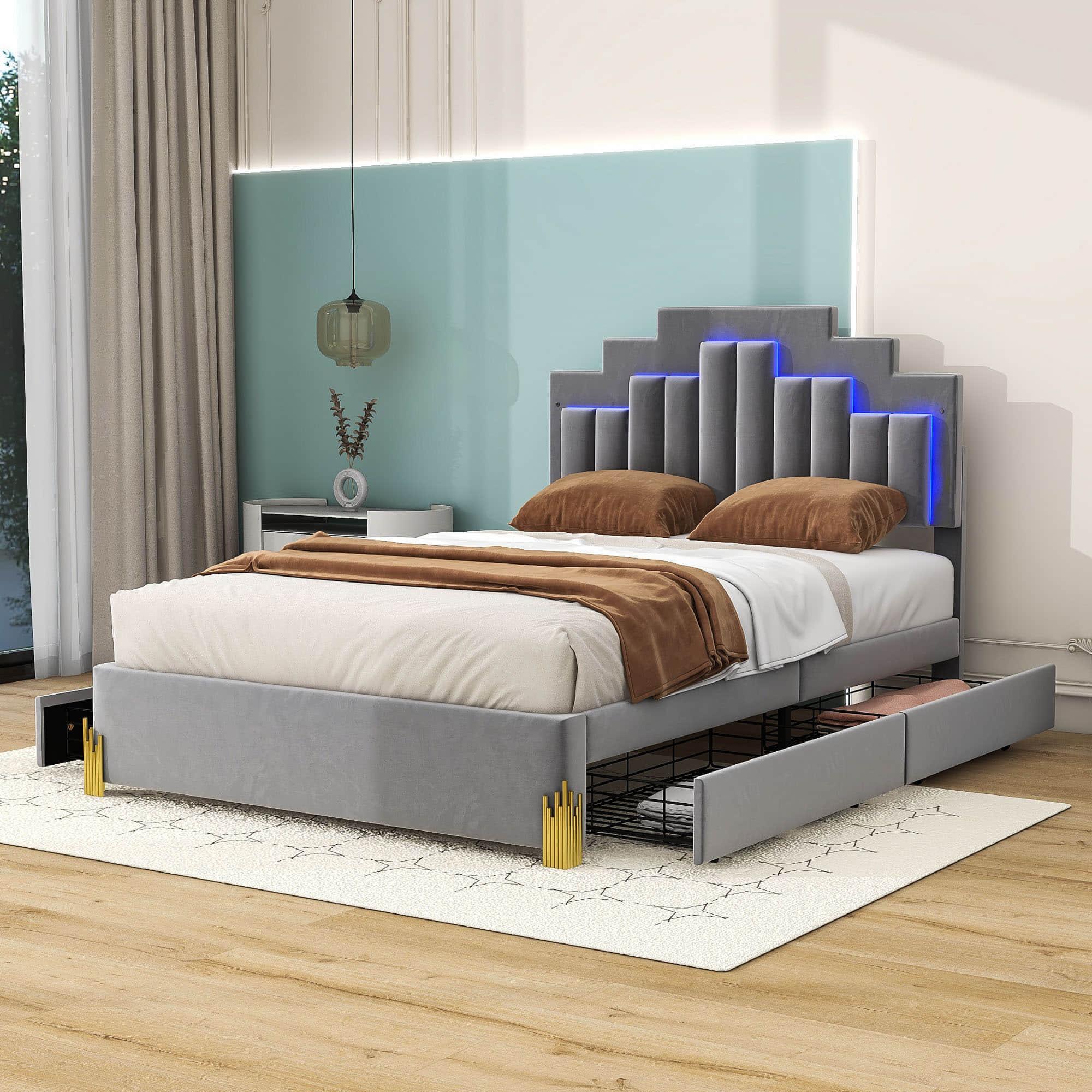 Upholstered Platform Full Size Bed Frame with Headboard and LED Lights