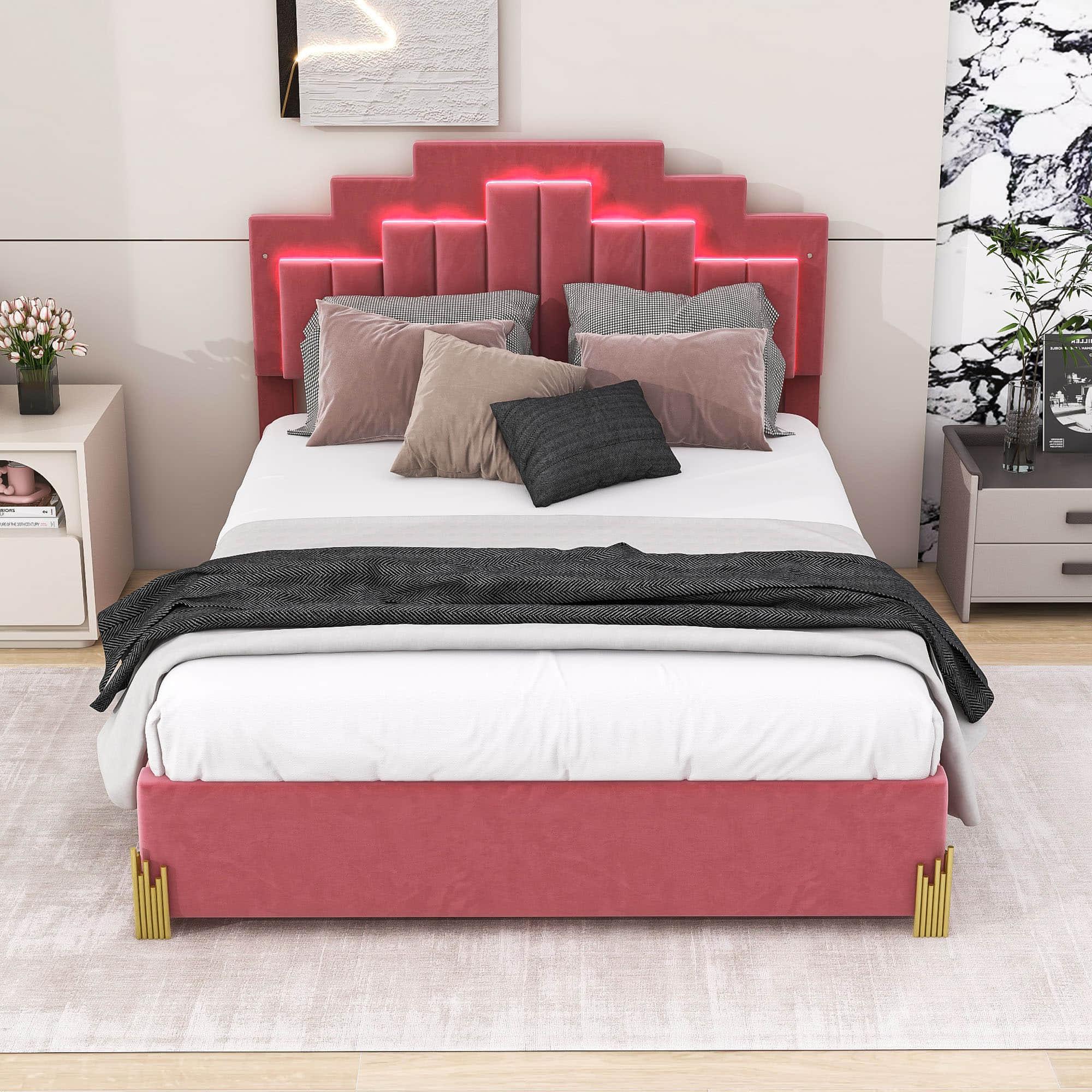 Upholstered Platform Queen Bed Frame with Headboard and LED Lights