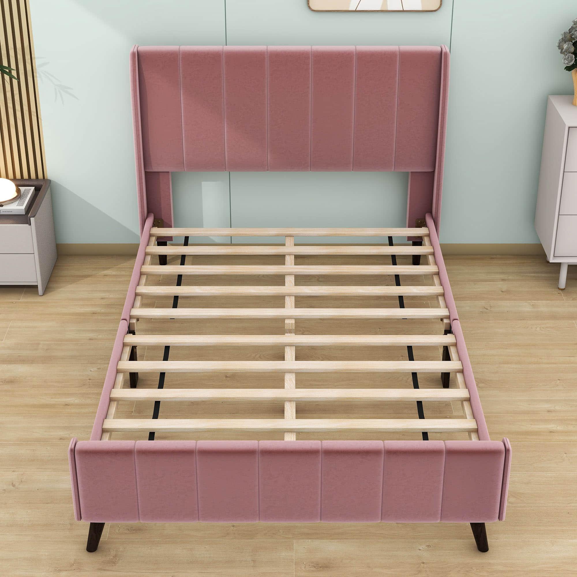 Modern Velvet Upholstered Full Size Bed Frame with Wingback Headboard