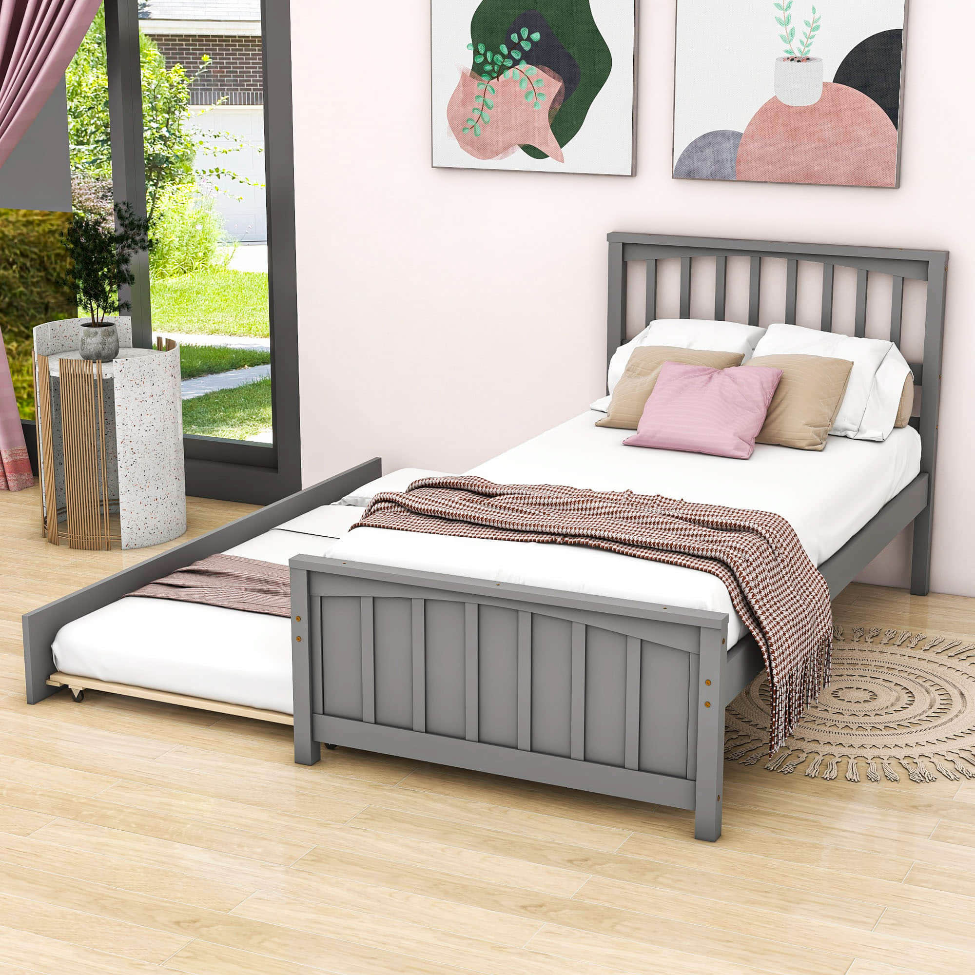 Twin Size Wood Platform Bed with Twin Trundle and Headboard