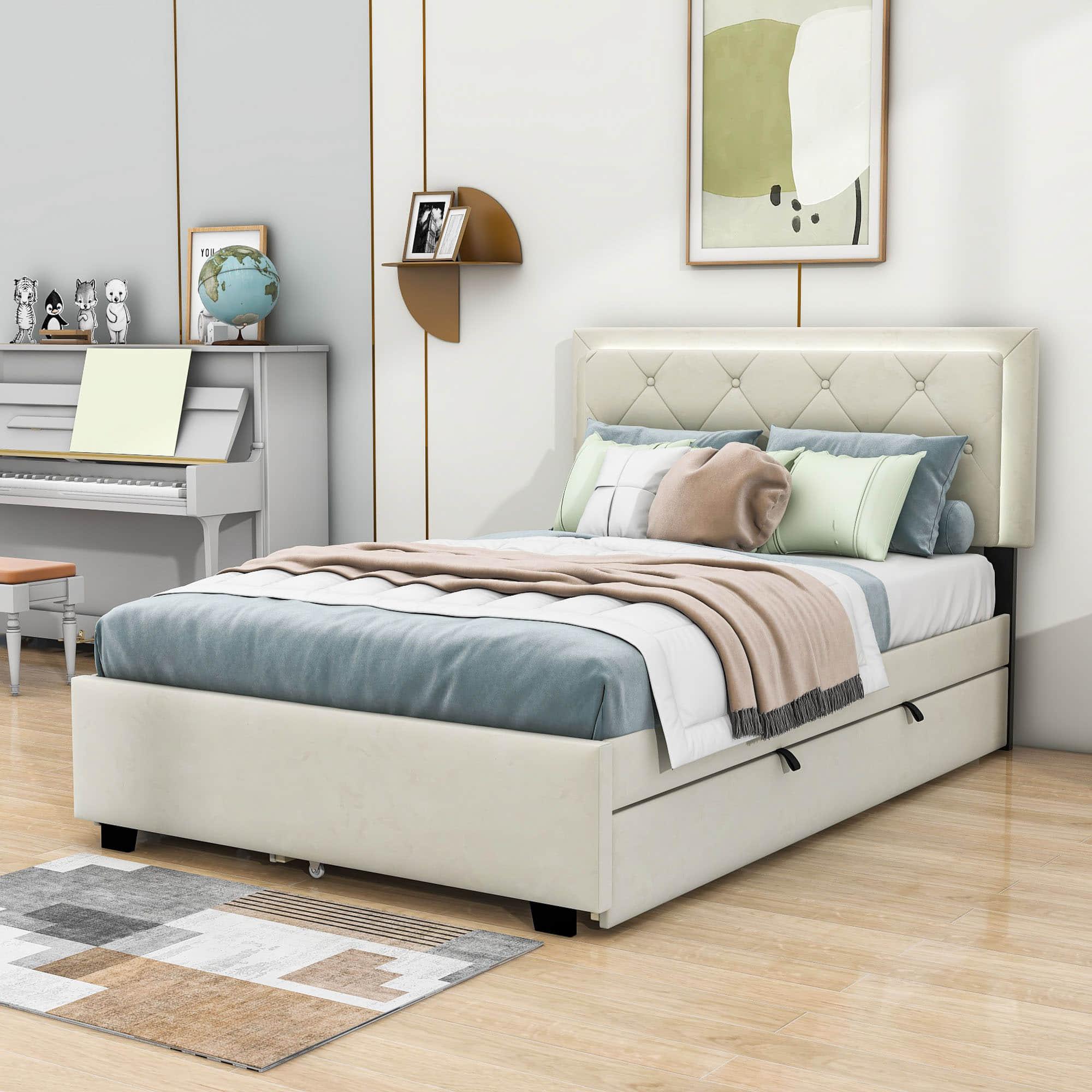 Full Velvet Upholstered Platform Bed Frame with Twin Trundle and Storage