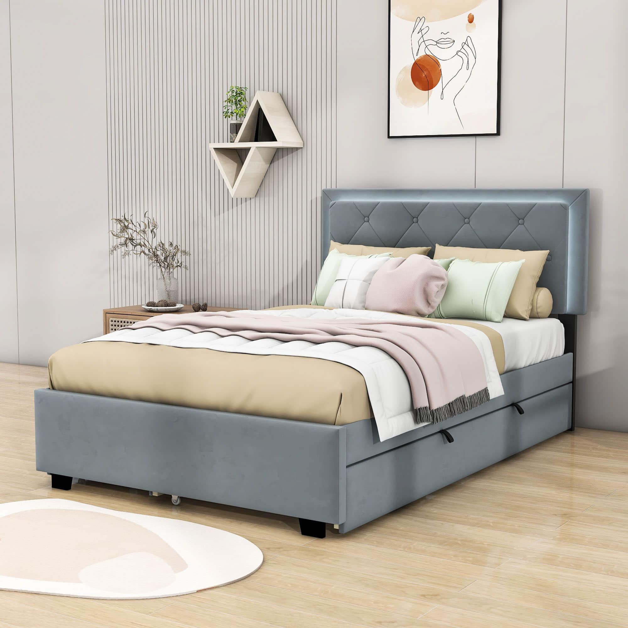 Full Velvet Upholstered Platform Bed Frame with Twin Trundle and Storage