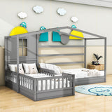 Wooden Montessori Twin Size House Double Kids Bed with Rails