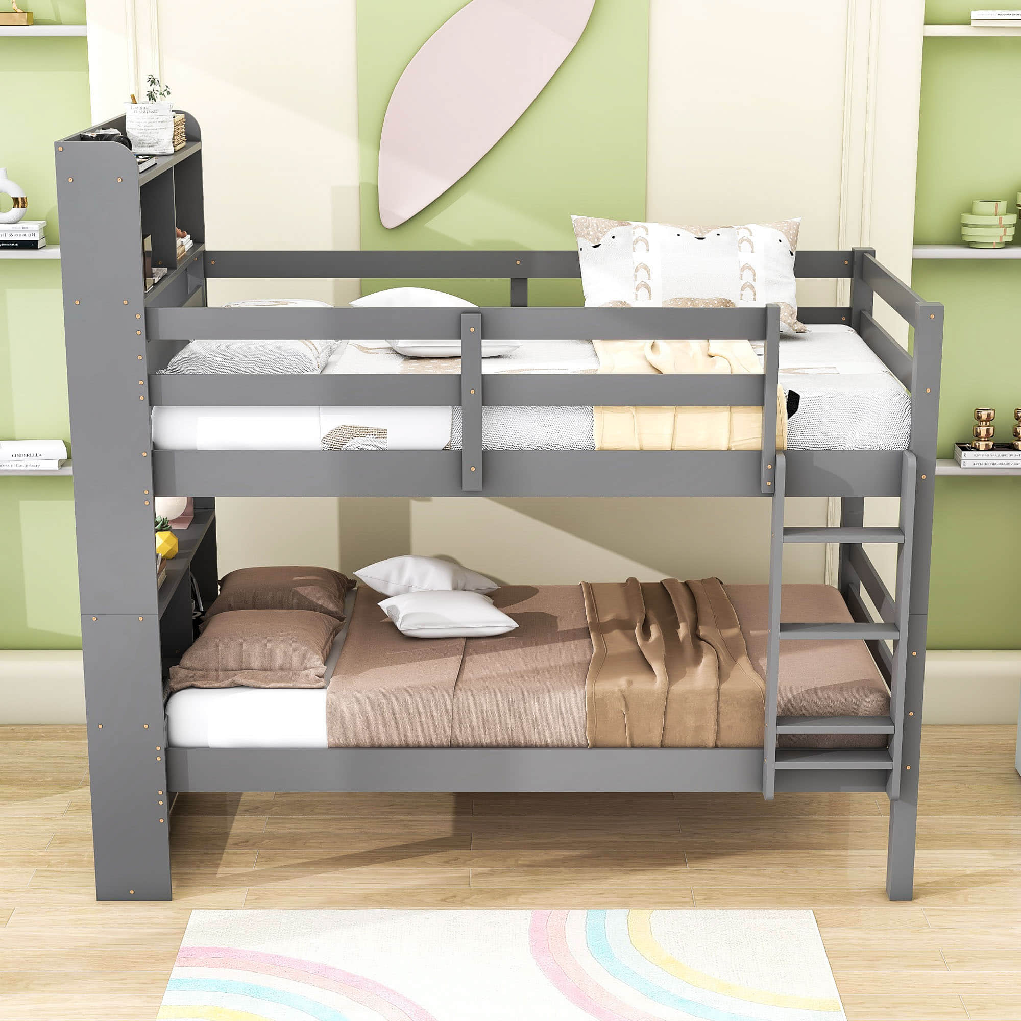 Solid Wood Convertible Twin Over Twin Bunk Beds with Bookcase Headboard