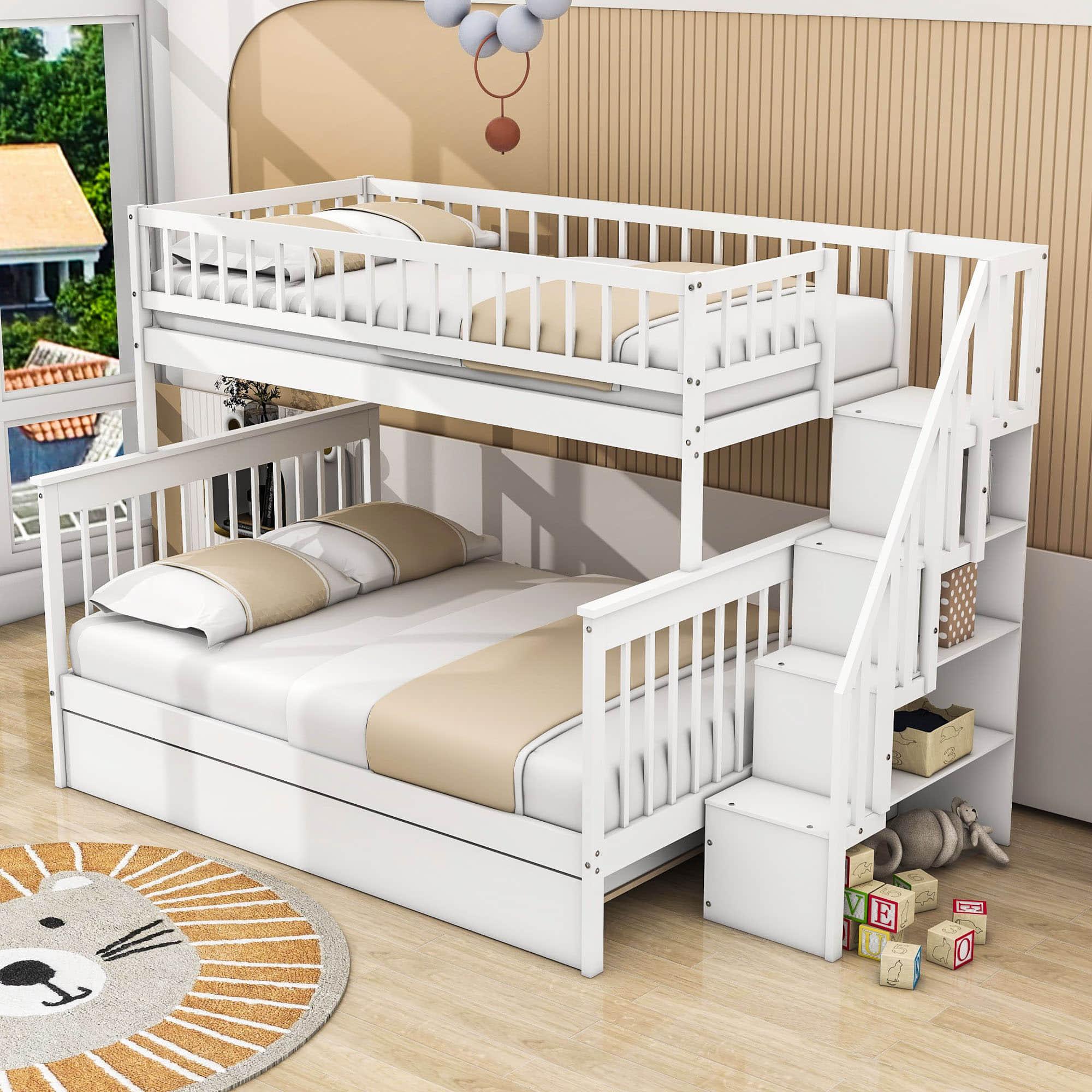 Wooden Twin Over Full Bunk Bed with Stairs and Trundle, Storage Shelves