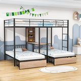 L-Shaped Full Over Twin & Twin Metal Triple Bunk Bed with Desk and Storage