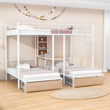 L-Shaped Full Over Twin & Twin Metal Triple Bunk Bed with Desk and Storage