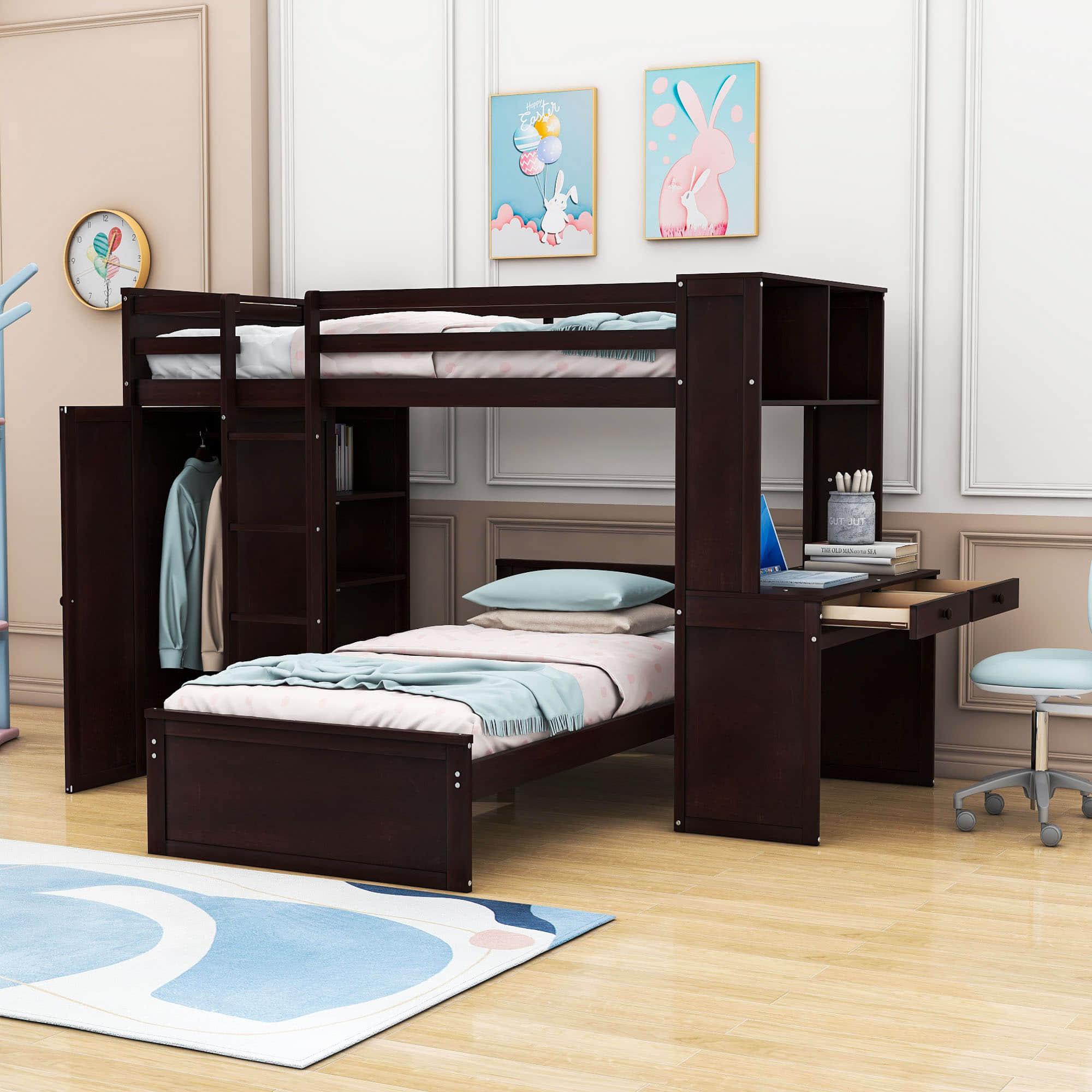 L-Shaped Twin Over Twin Bunk Beds with Desk and Storage - [Wooden, Drawers, Wardrobe]