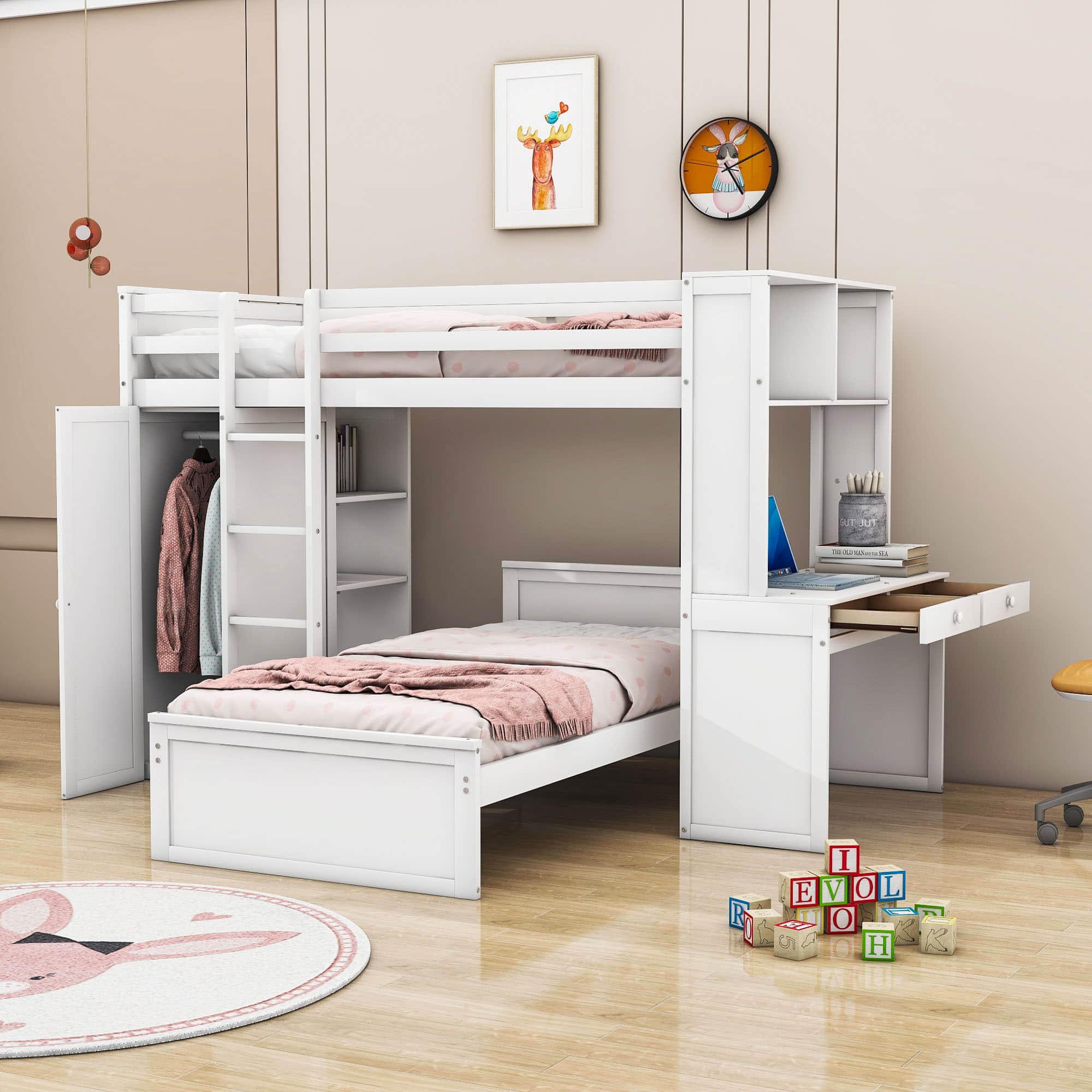 L-Shaped Twin Over Twin Bunk Beds with Desk and Storage - [Wooden, Drawers, Wardrobe]