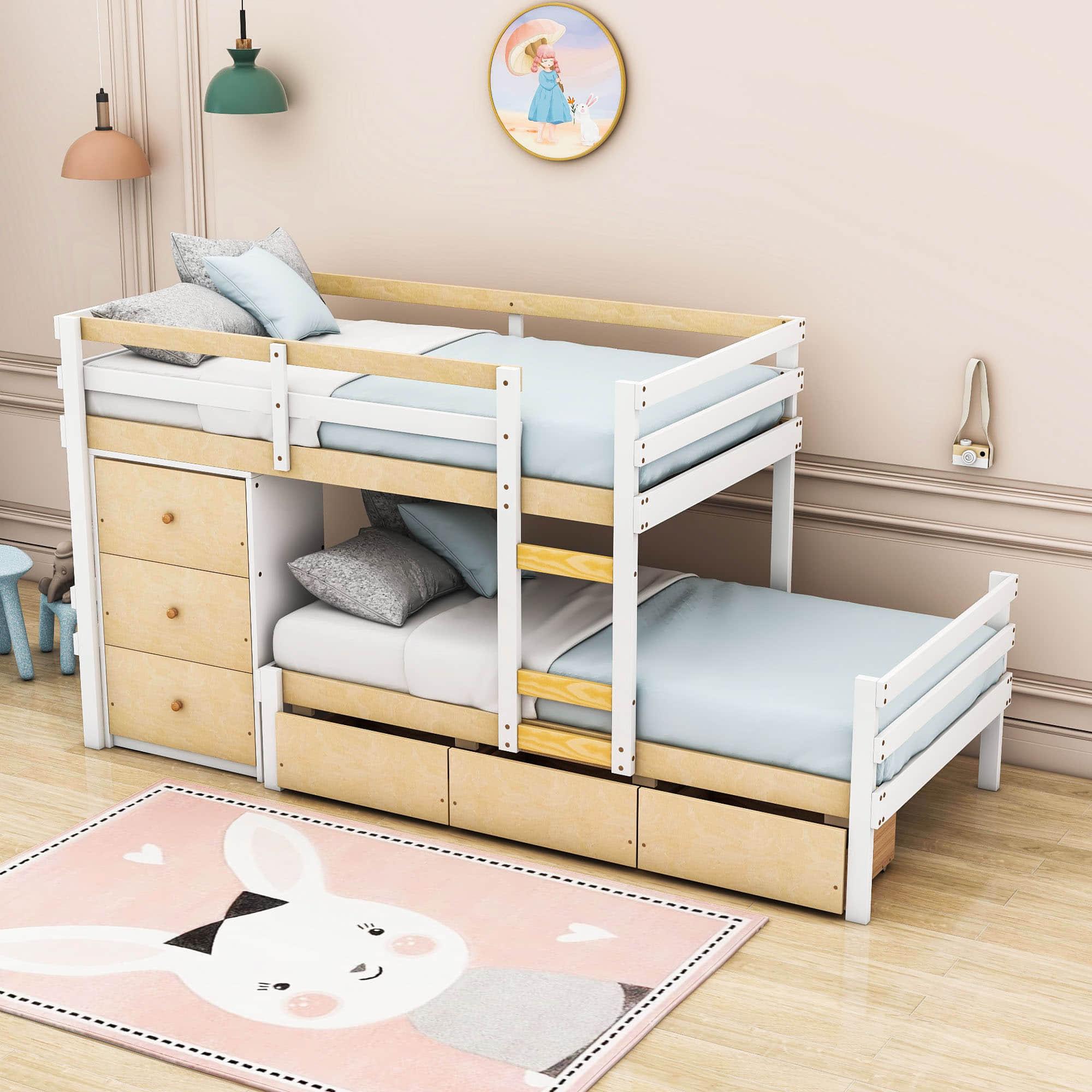 Low Twin Over Twin Bunk Beds for Kids with Storage Drawers and Dresser