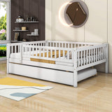 Wooden Full Size Low Kids Bed with Twin Size Trundle and Rails