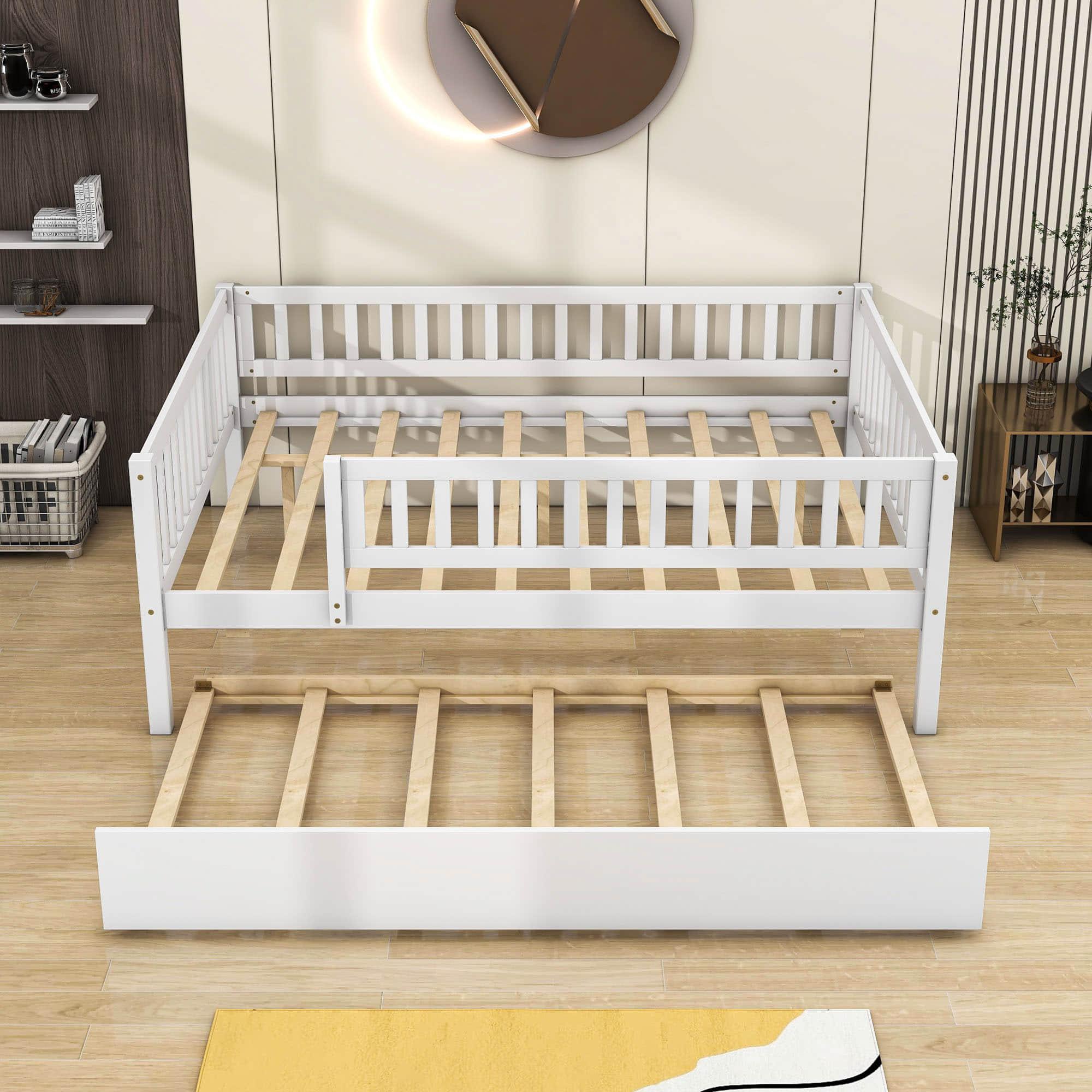 Wooden Full Size Low Kids Bed with Twin Size Trundle and Rails