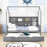 Twin Size Kids House Bed Frame with Twin Trundle and Shelf above Bed