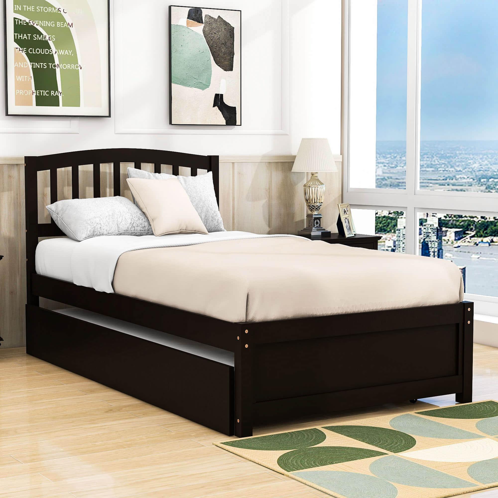 Wooden Twin Platform Bed with Trundle and Headboard