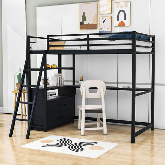 Metal Twin Size Loft Bed with Desk and Storage for College, Dorms