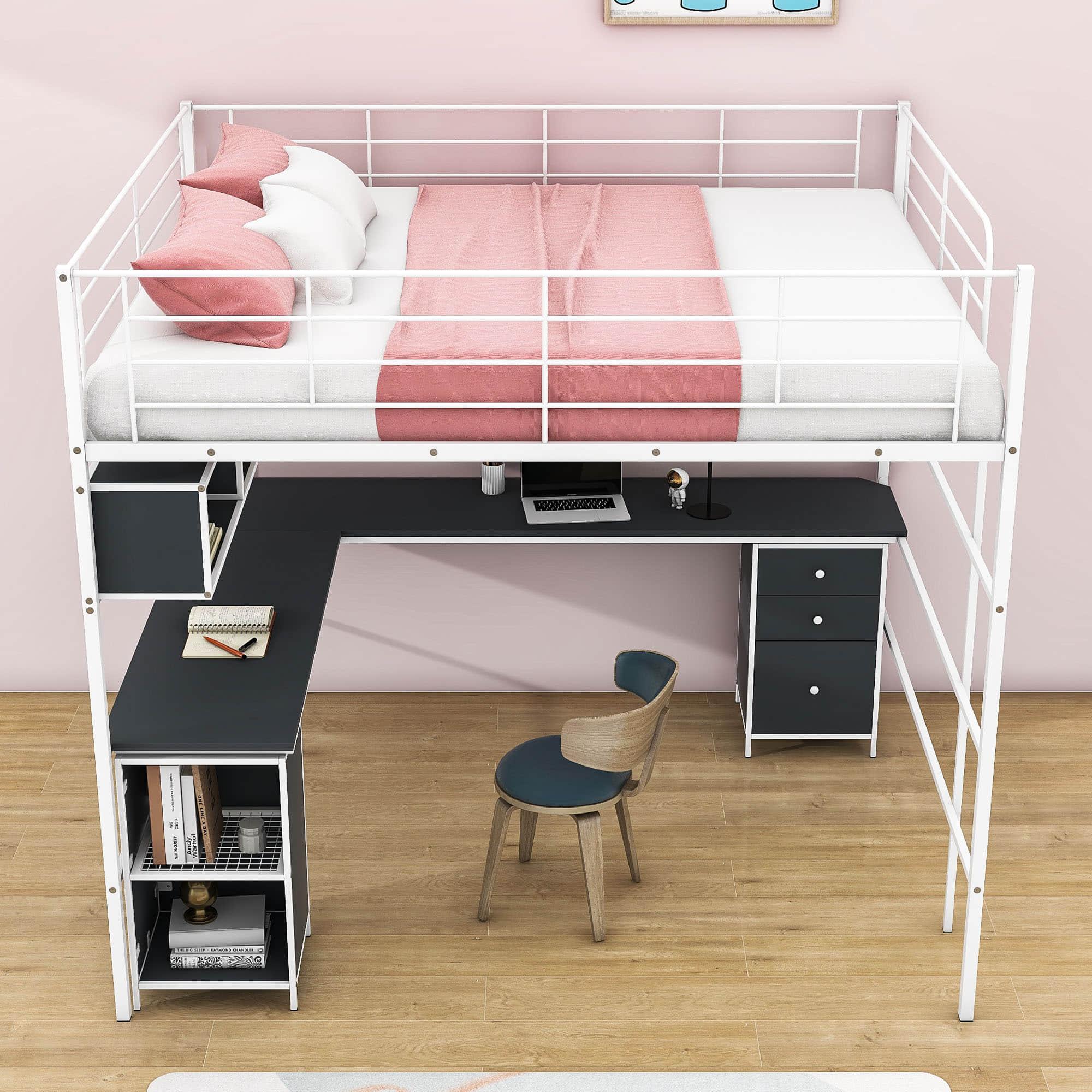 Metal Full Size Loft Bed with Desk and Storage for Adults, Teens