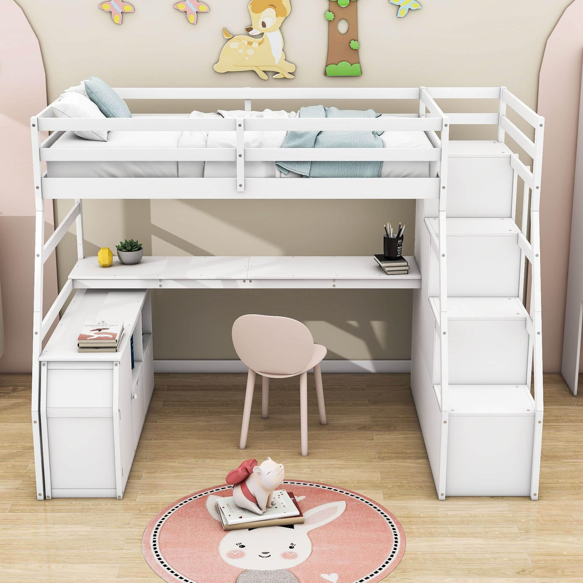 Twin Loft Bed with Desk and Stairs, Storage for Teens, Kids - [Drawers]