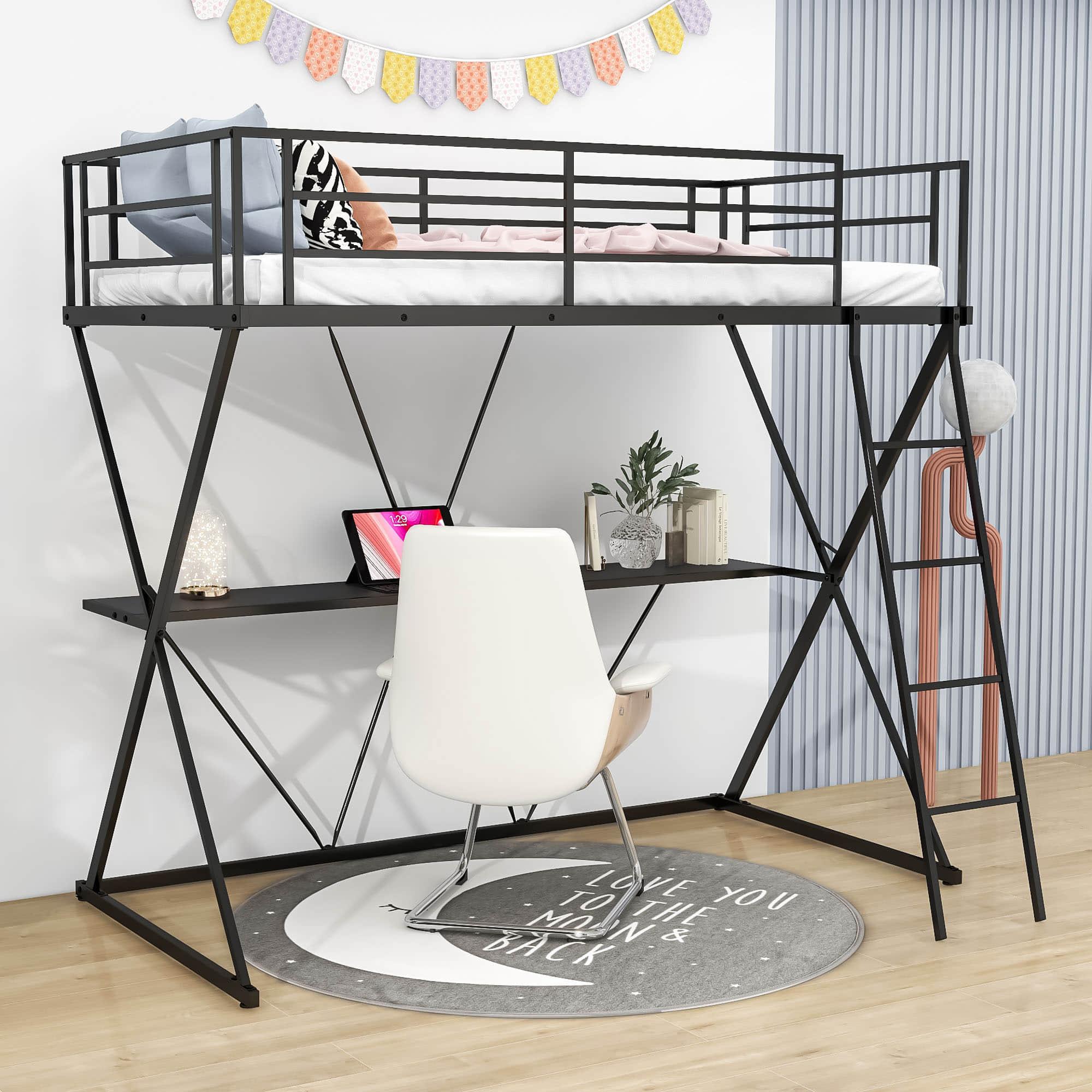 Metal Twin Loft Bed with Desk Underneath for Adults, Teens