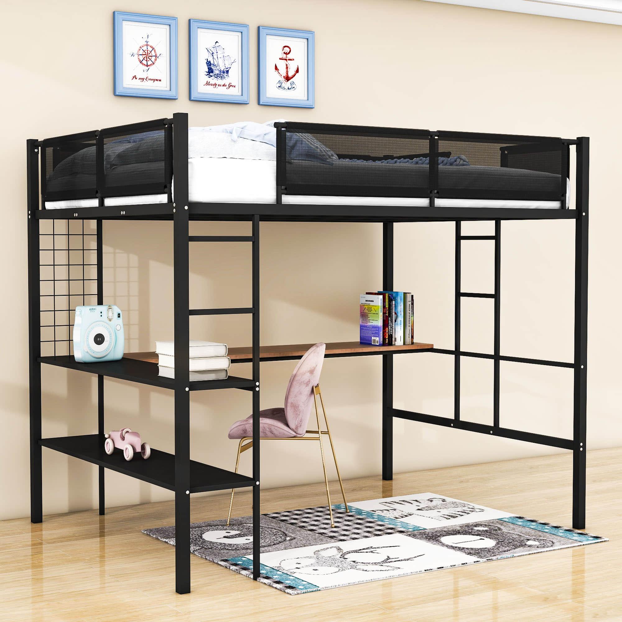 Metal Sturdy Full Size Loft Bed with Desk and Storage Shelves - [Noise Free]