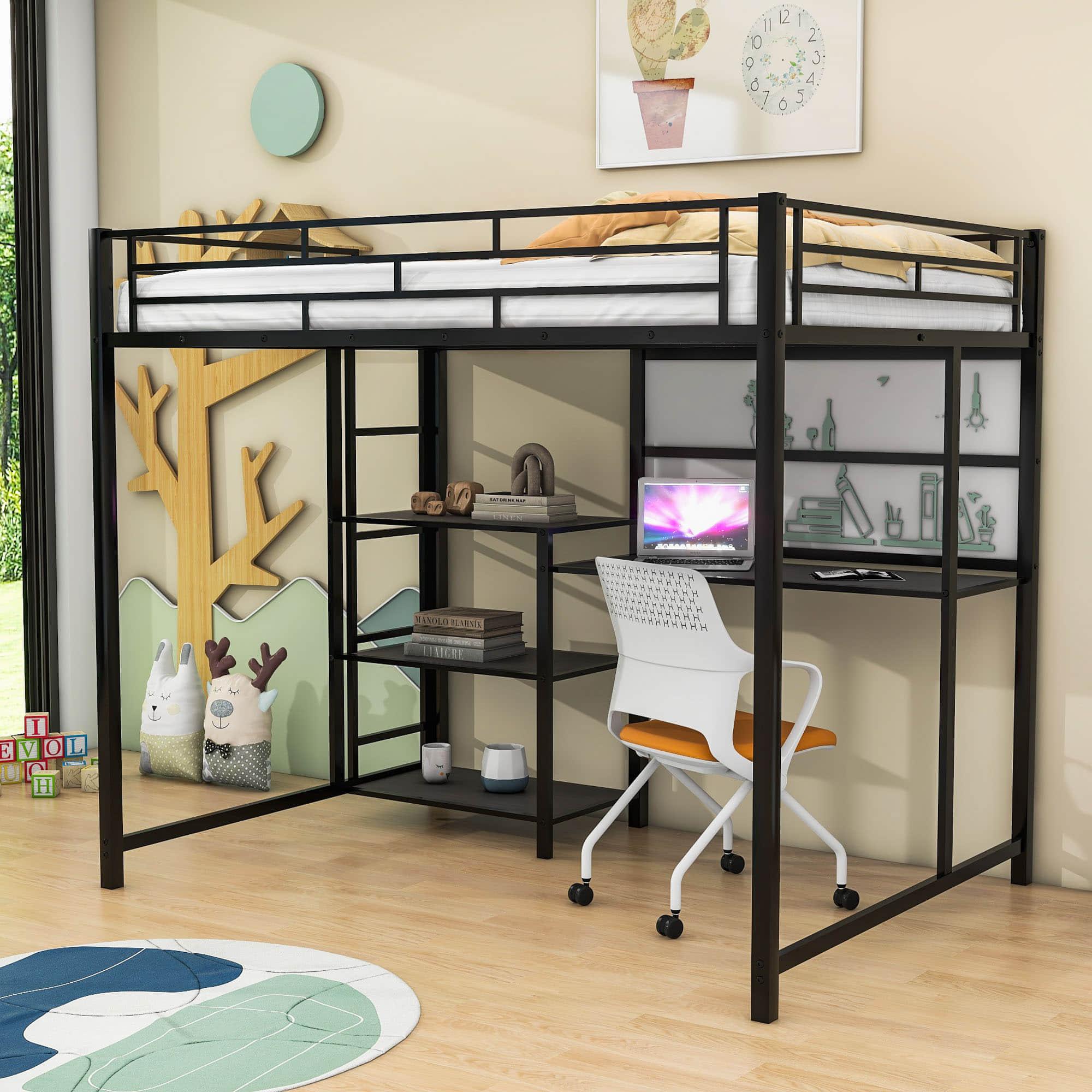 Full Size Metal Loft Bed with Desk and Storage Shelves for Adults, Kids