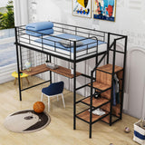 Twin Size Metal Loft Bed with Desk and Stairs, Storage Wardrobe