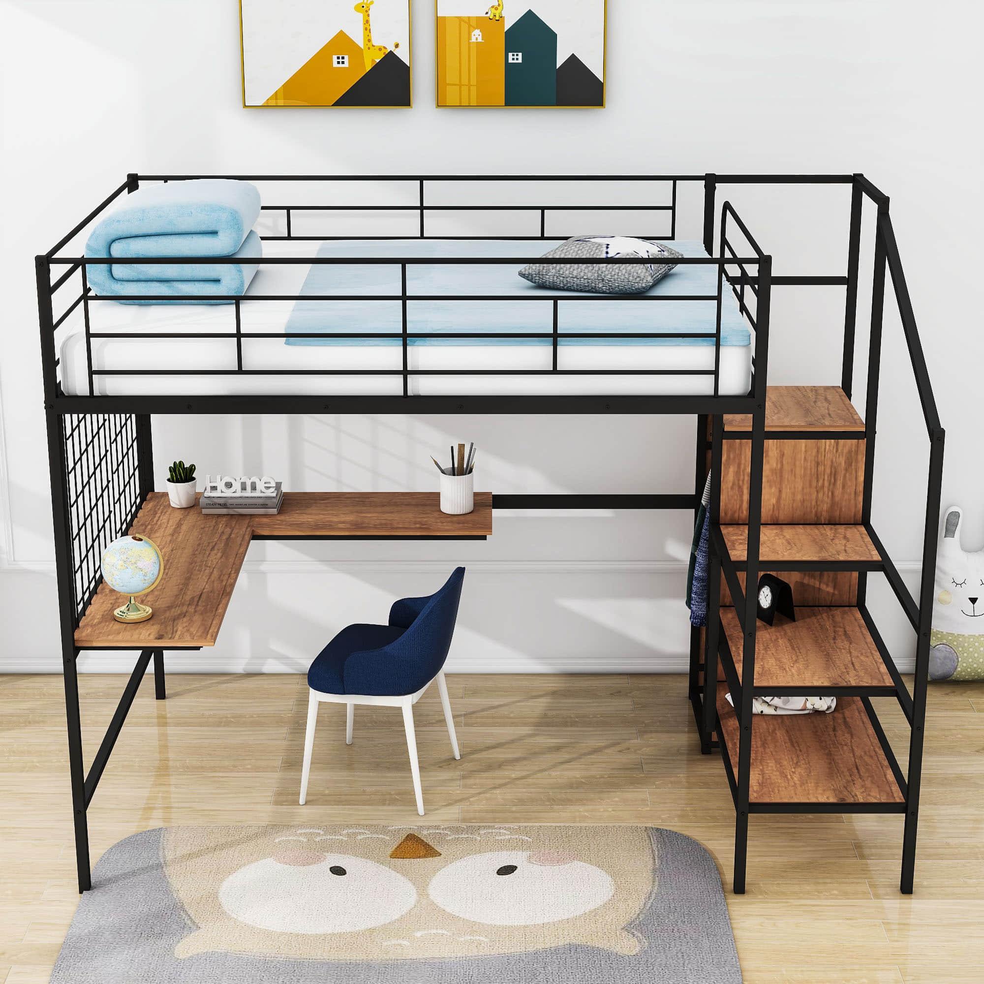 Full Size Metal Loft Bed with Desk and Stairs, Storage Wardrobe