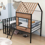 Kids Metal Low Twin Tree House Loft Bed with Window, Roof