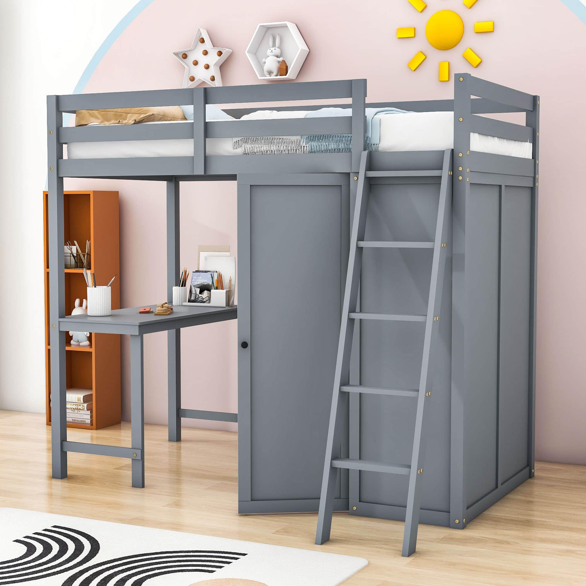 Wood Twin Loft Bed with Desk and Storage for Adults, Kids - [Wardrobe]