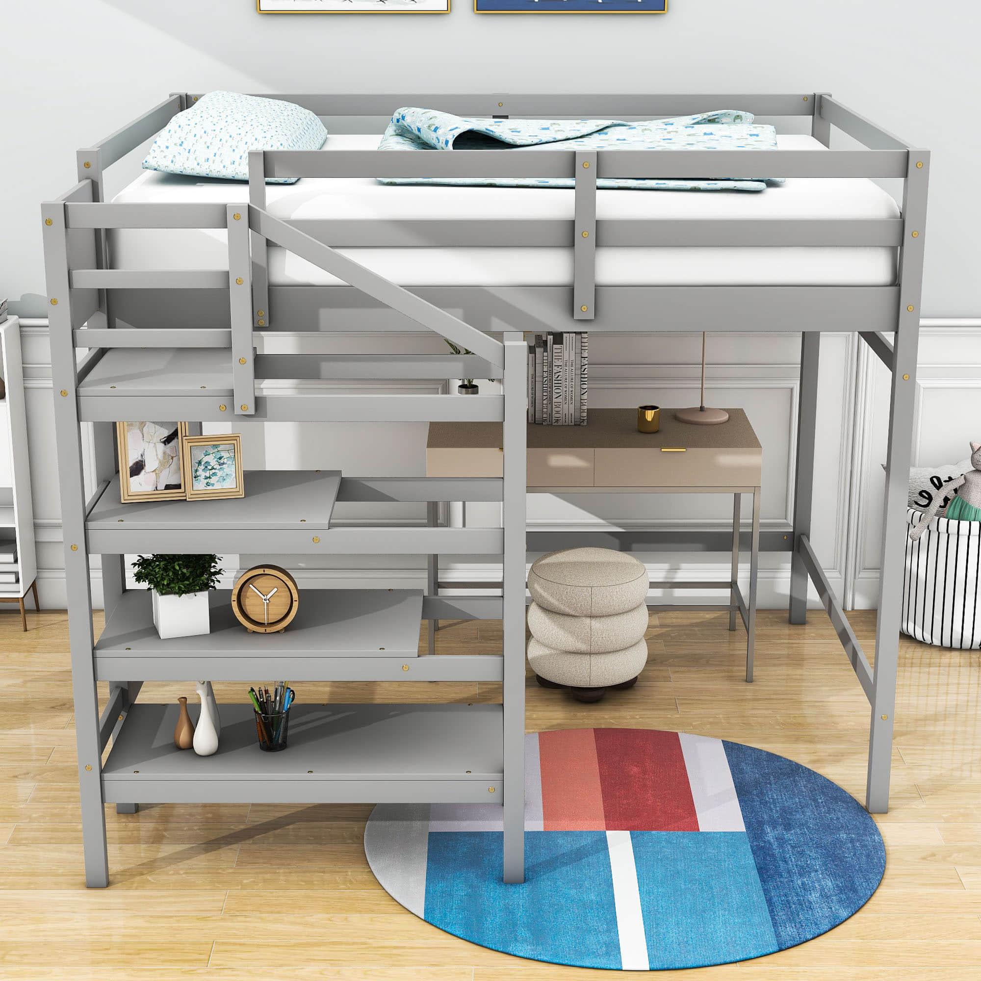 Full Size Loft Bed with Stairs and Clothes Hanger for Adults, Teens