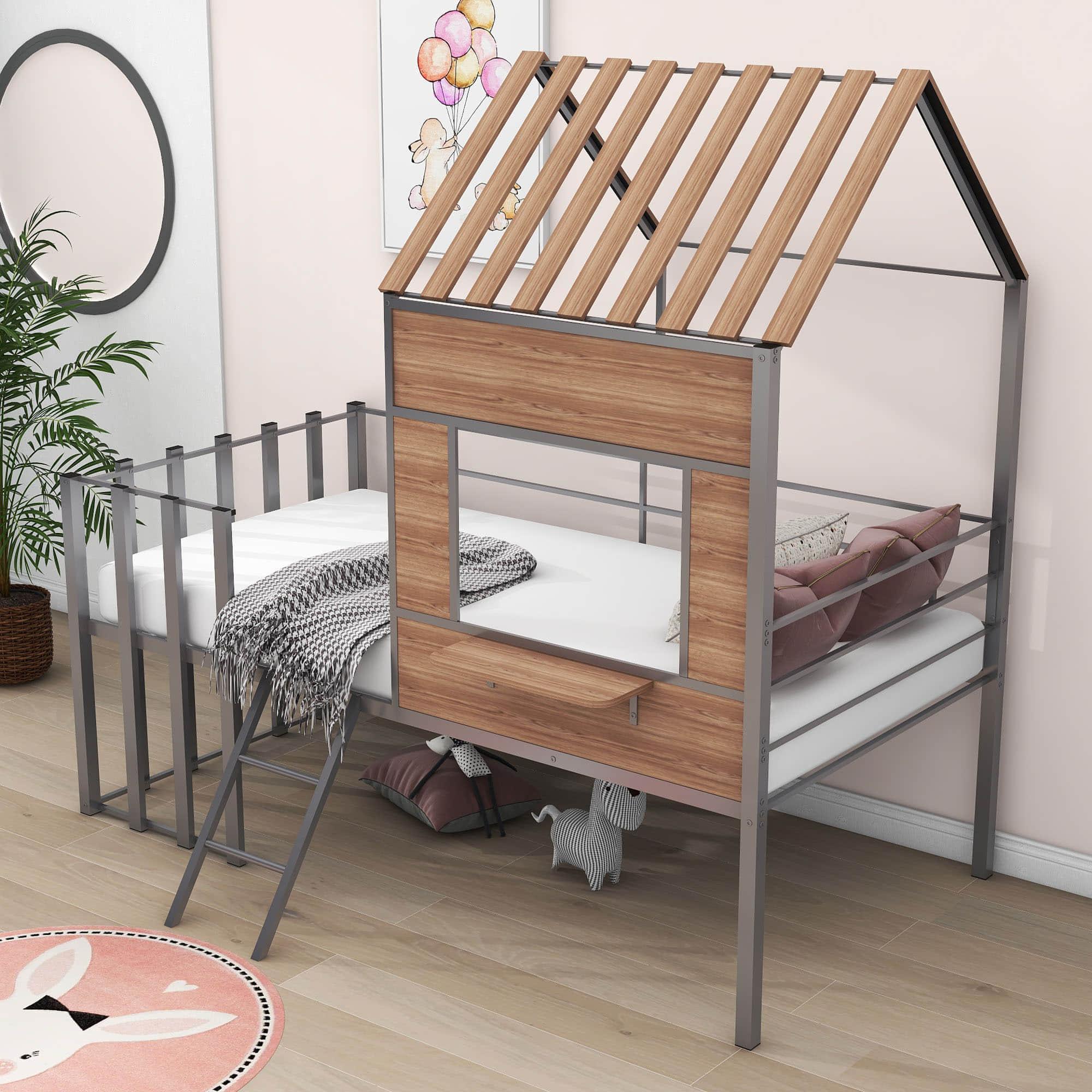 Kids Metal Low Twin Tree House Loft Bed with Window, Roof