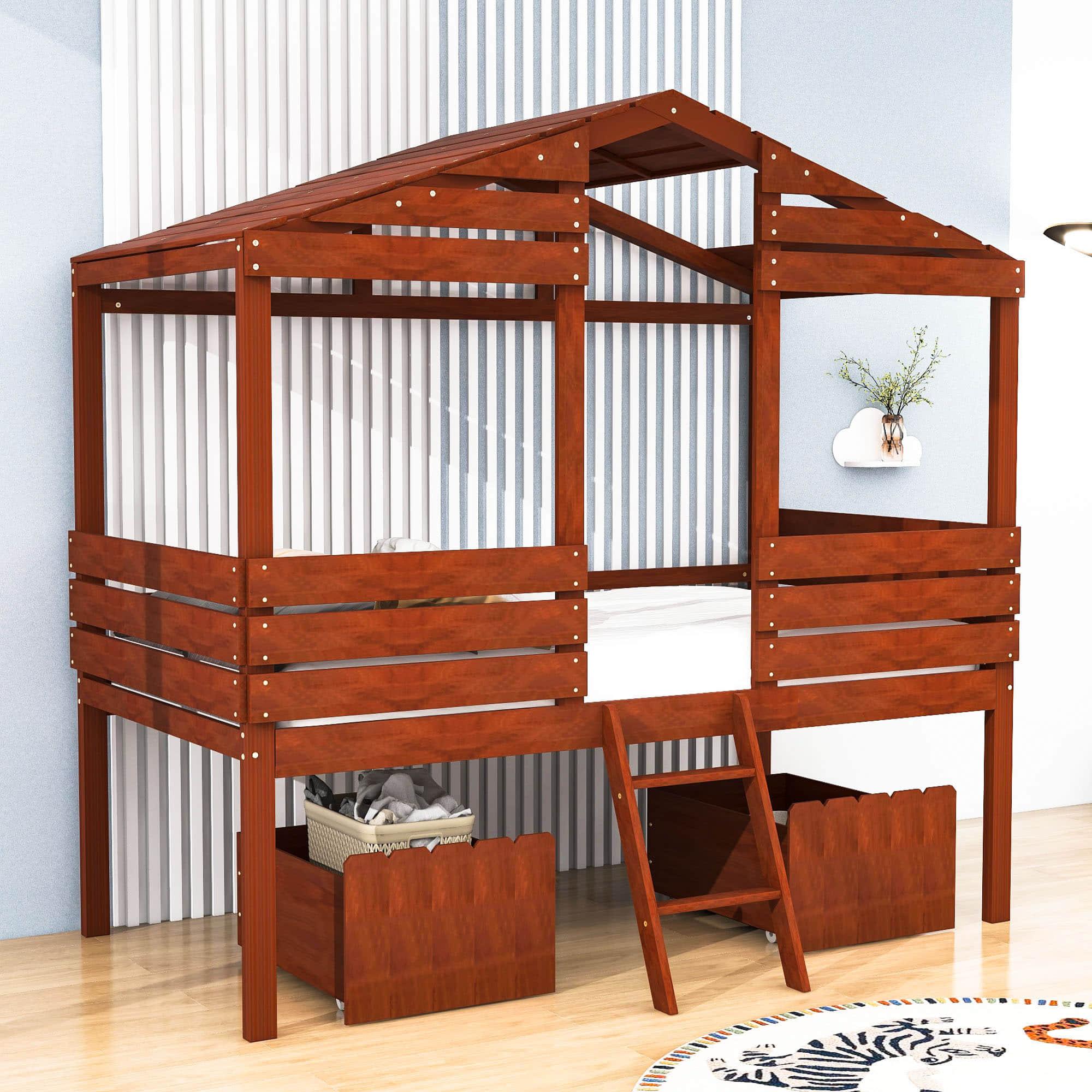 Twin Low Loft FarmHouse Bed with Storage Drawers for Kids - [Wood]