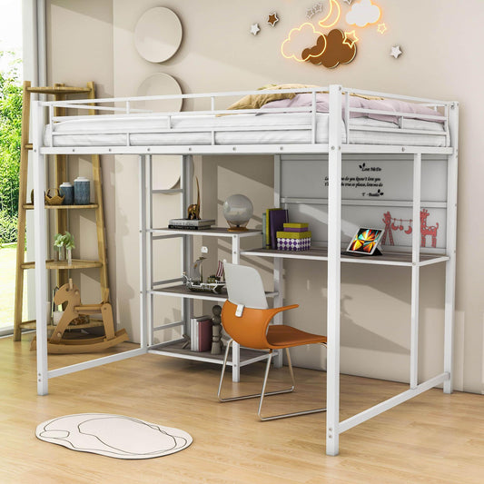 Full Size Metal Loft Bed with Desk and Storage Shelves for Adults, Kids