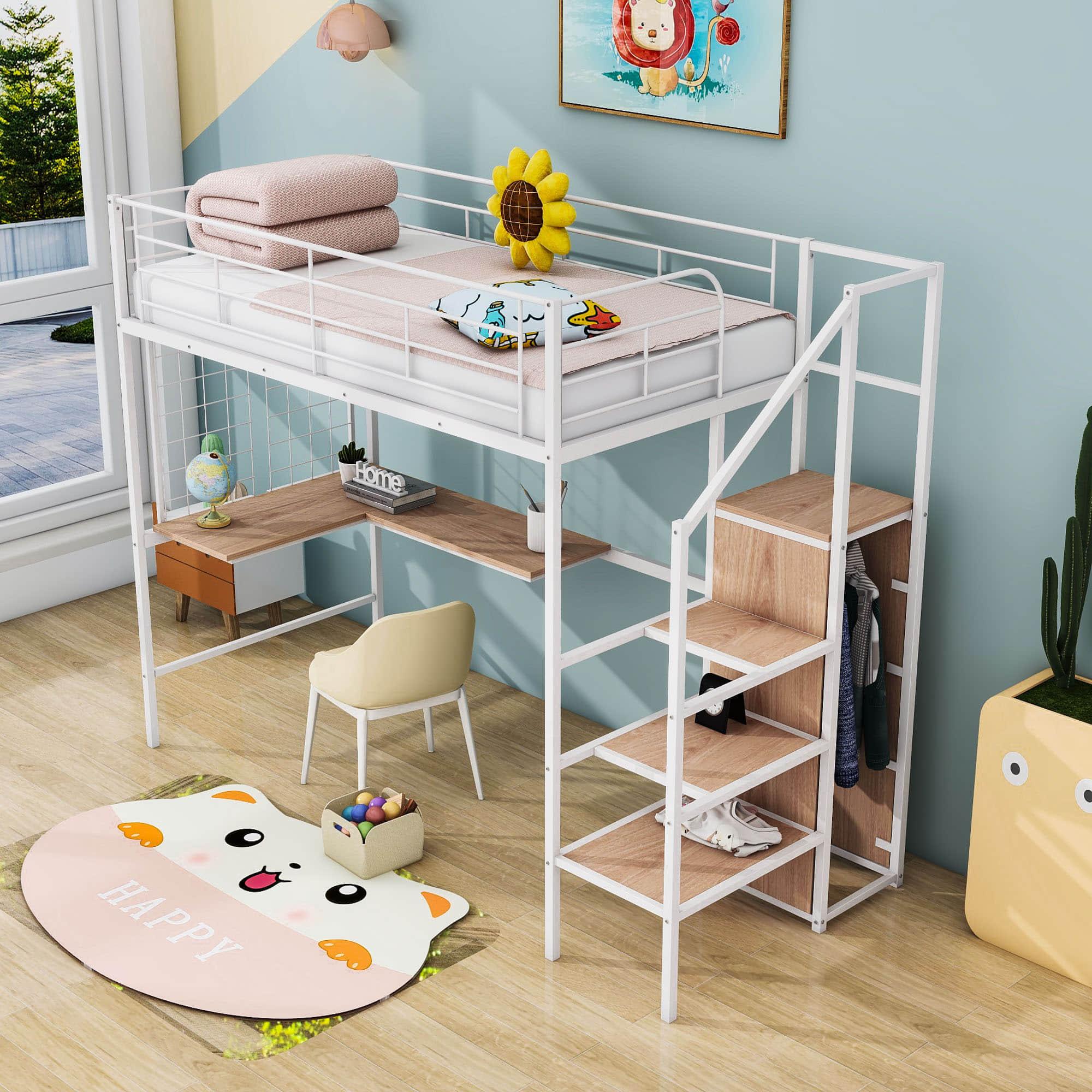 Twin Size Metal Loft Bed with Desk and Stairs, Storage Wardrobe