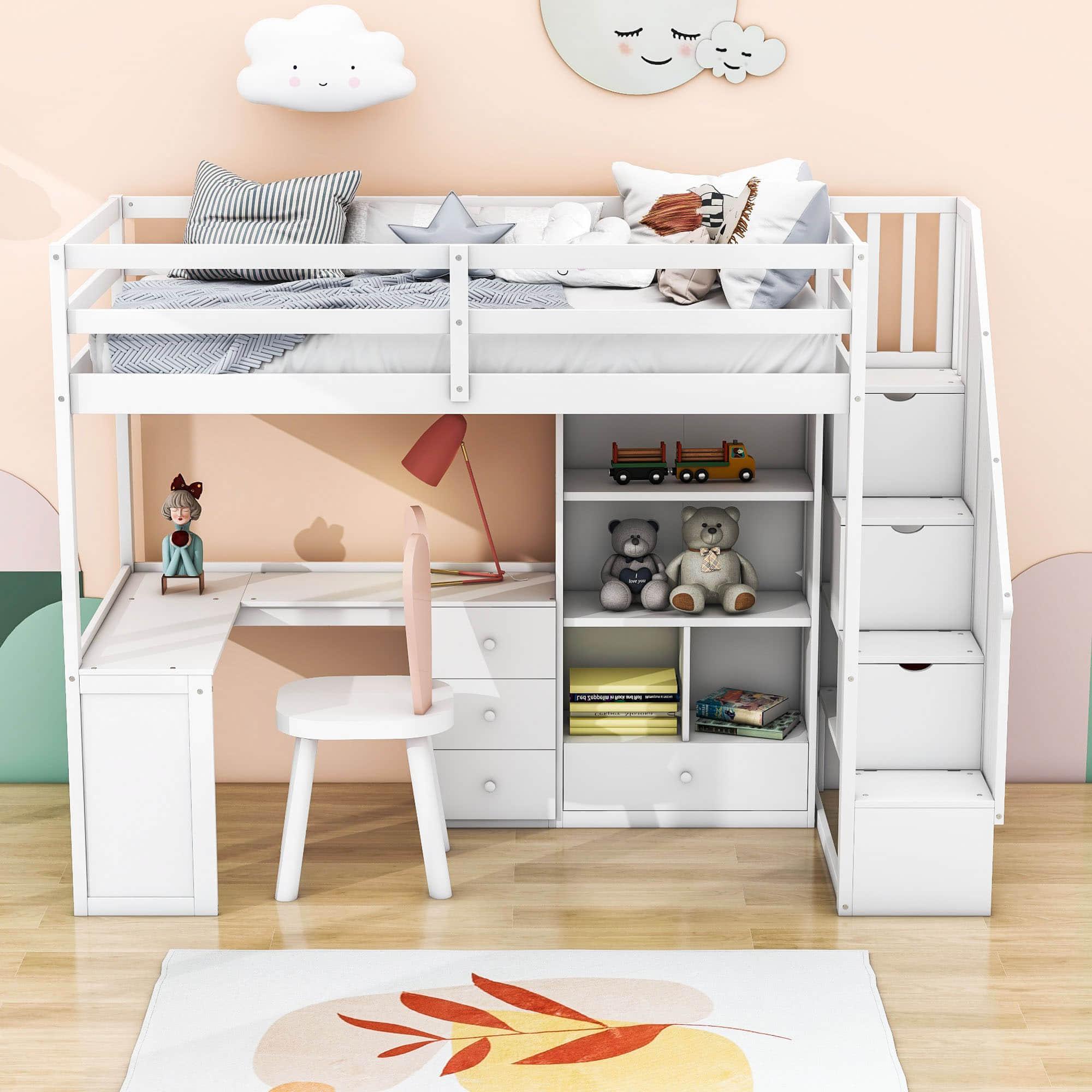 Twin Loft Bed with Desk and Stairs, Storage for Kids, Teens - [Wood]