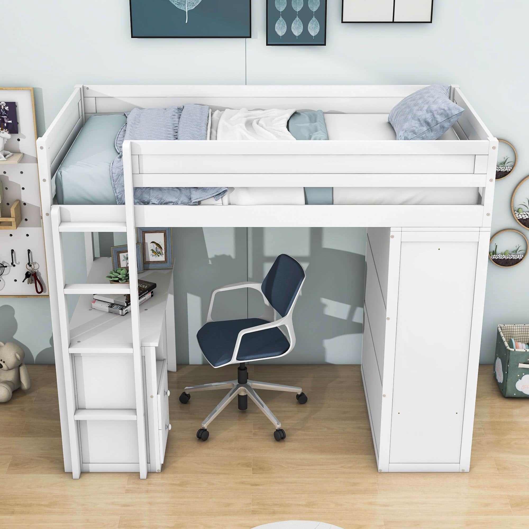 Twin Loft Bed with Desk and Storage Drawers, Wardrobe - [Wood, Cabinet]