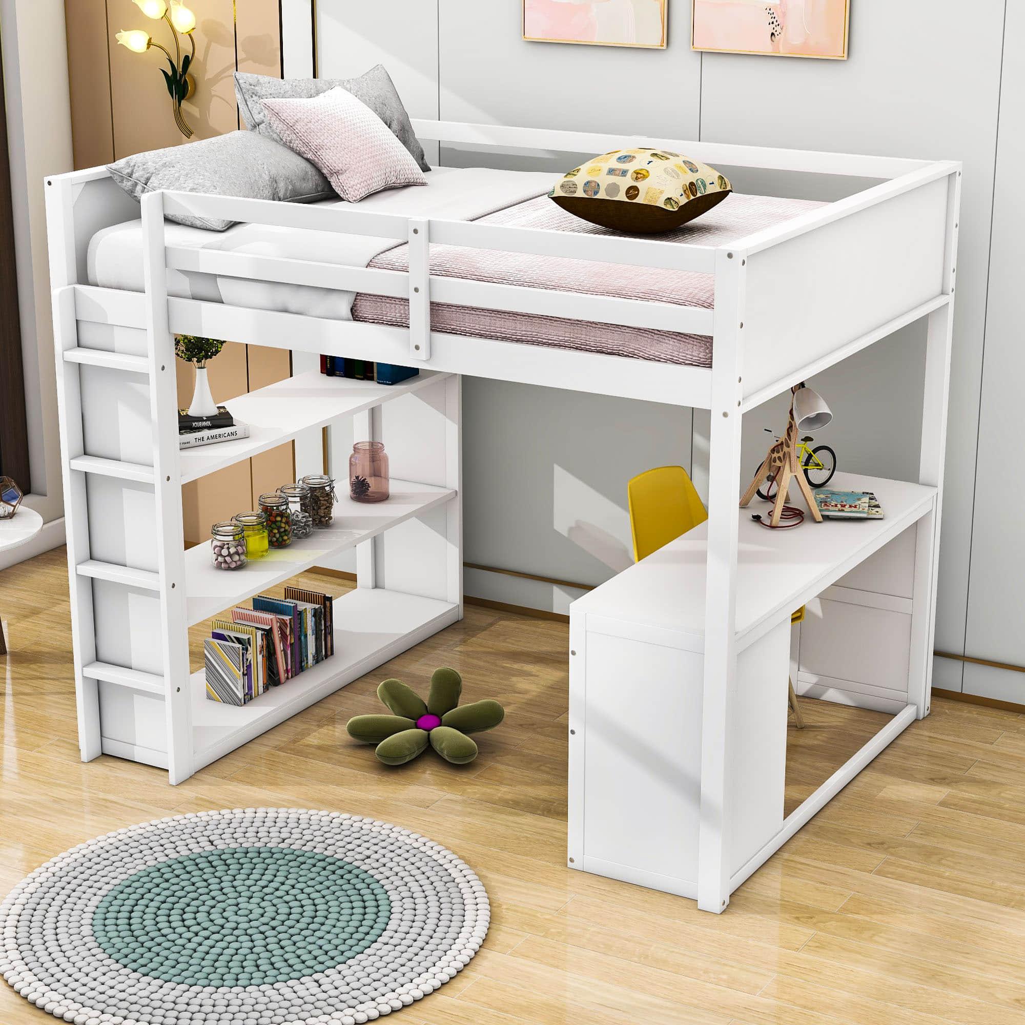 Full Size Loft Bed with Desk and Storage Drawers, Shelves for Adults, Kids - [Wood]