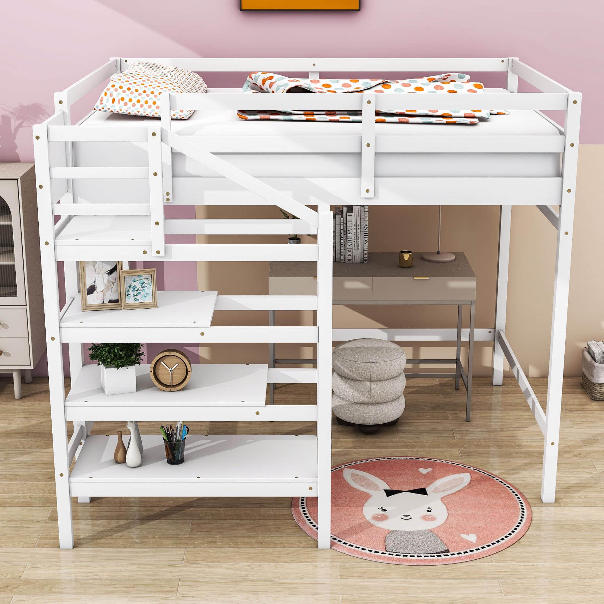 Full Size Loft Bed with Stairs and Clothes Hanger for Adults, Teens