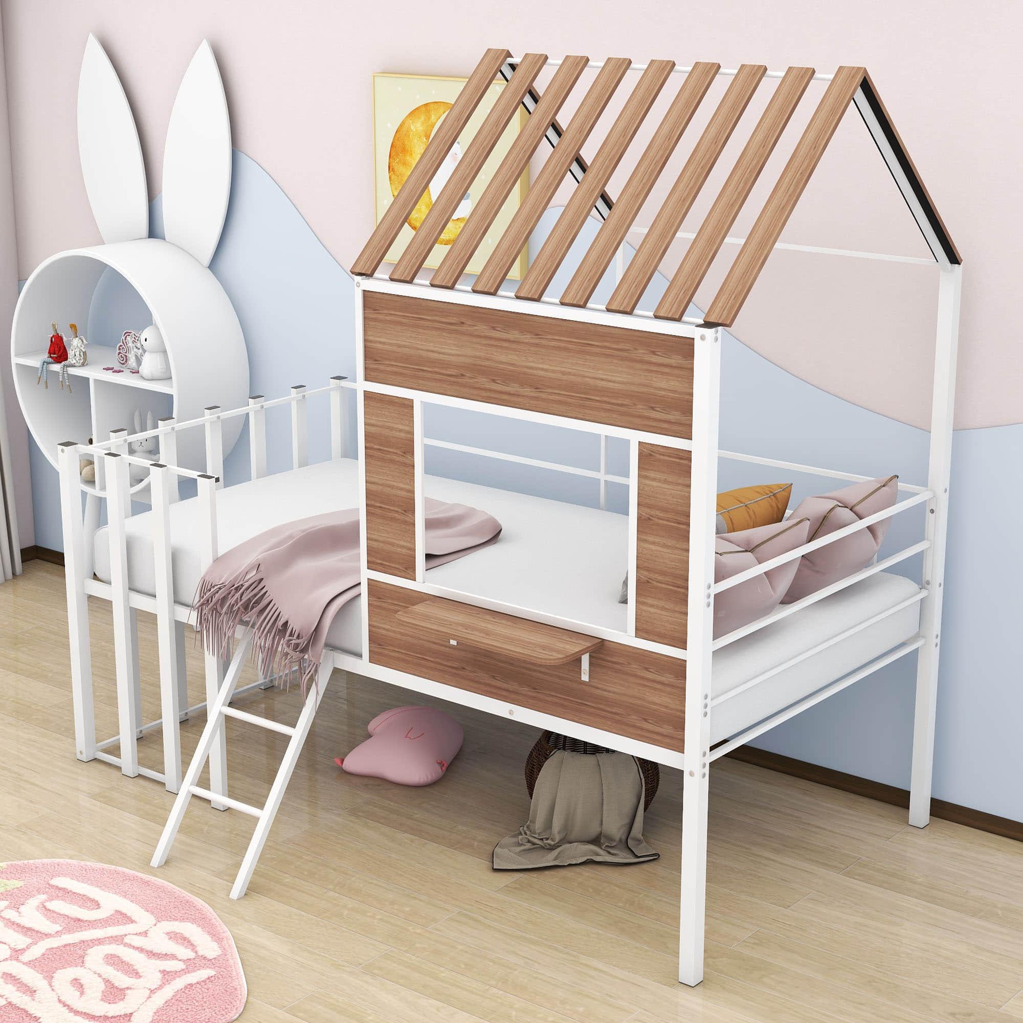 Kids Metal Low Twin Tree House Loft Bed with Window, Roof