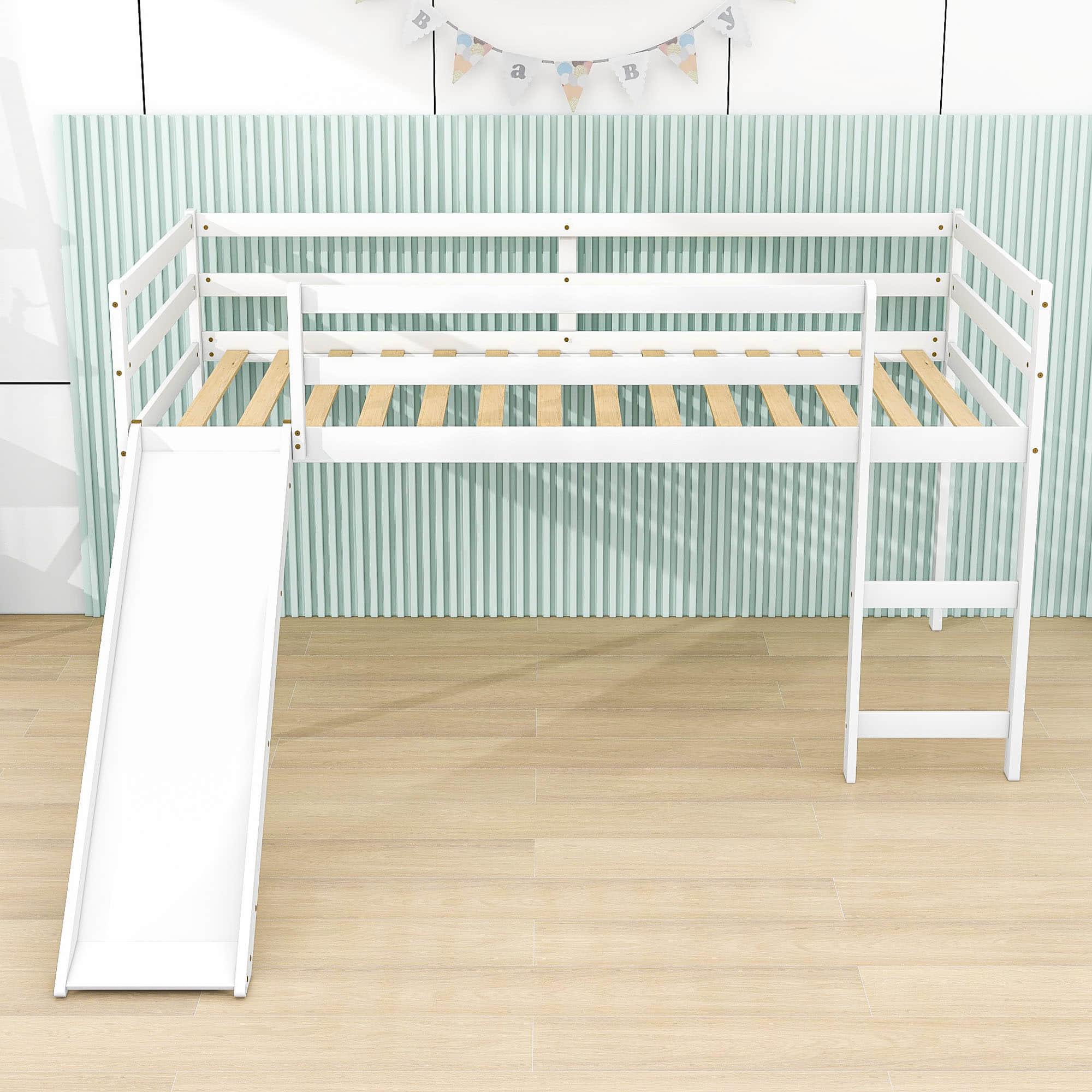 Wood Low Twin Loft Bed for Kids, Toddler with Slide