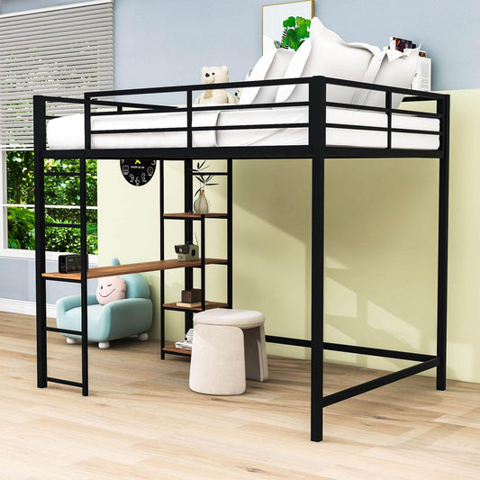 Full Size Metal Loft Bed with Desk and Storage Shelves for Kids, Adults