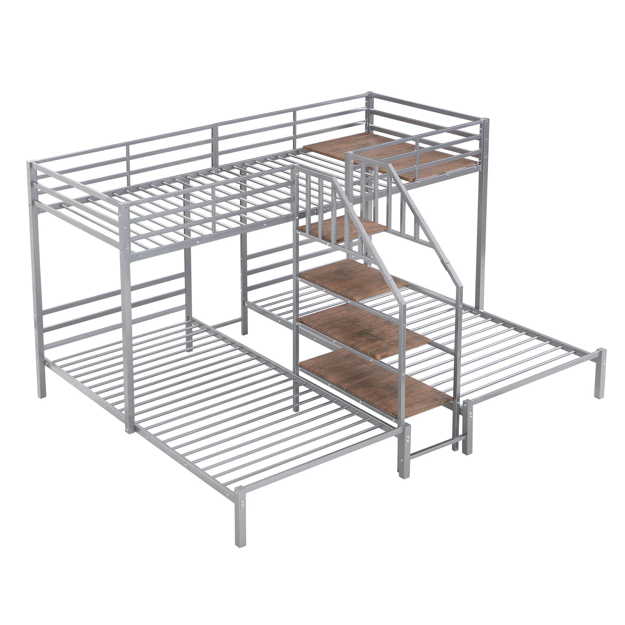 Twin Over Twin & Twin Triple Bunk Beds with Stairs and Storage - [Metal, Shelves]