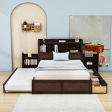 Full Platform Bed Frame with Twin Trundle Bed and Storage Headboard