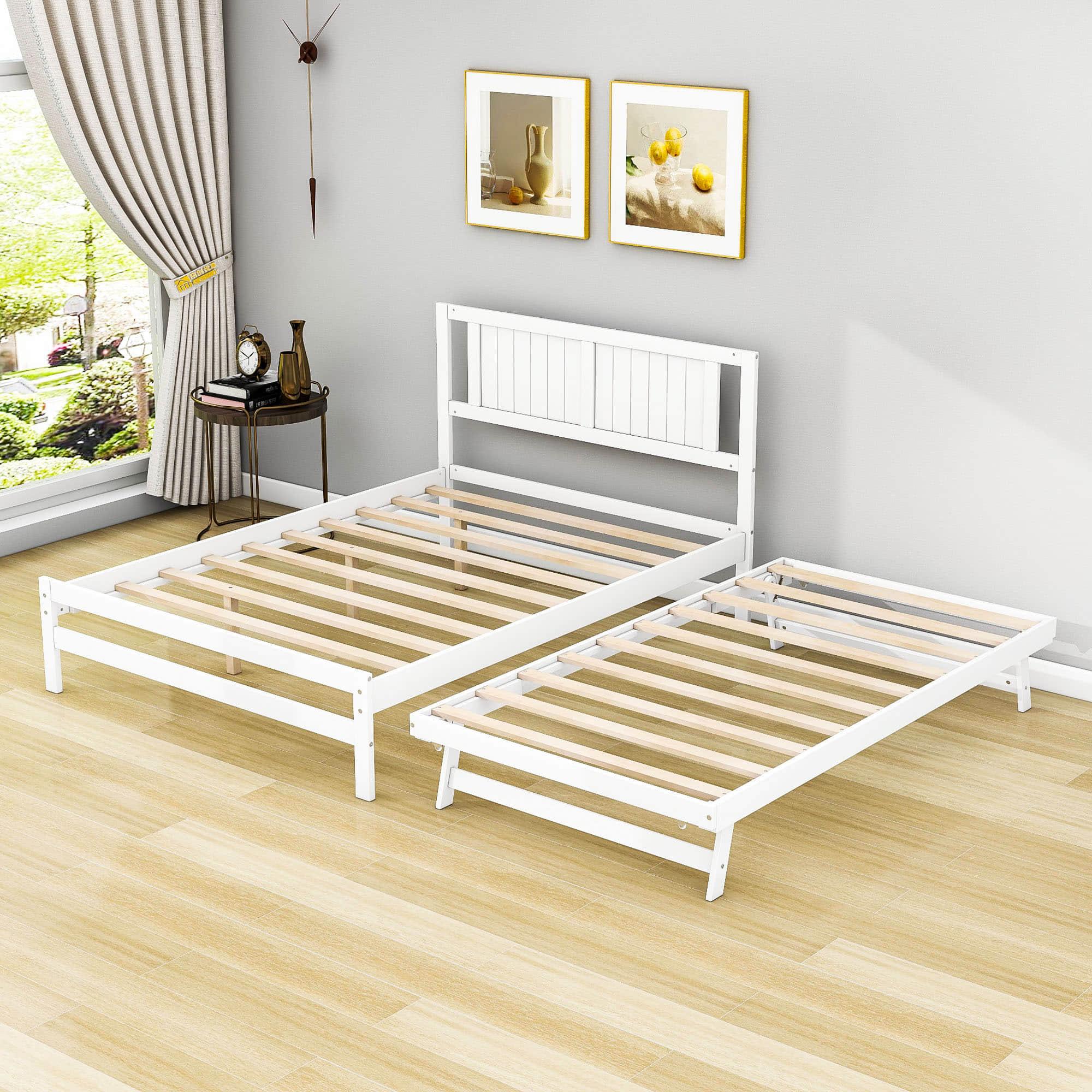 Full Size Platform Bed with Pop Up Trundle and Headboard - [Wood]