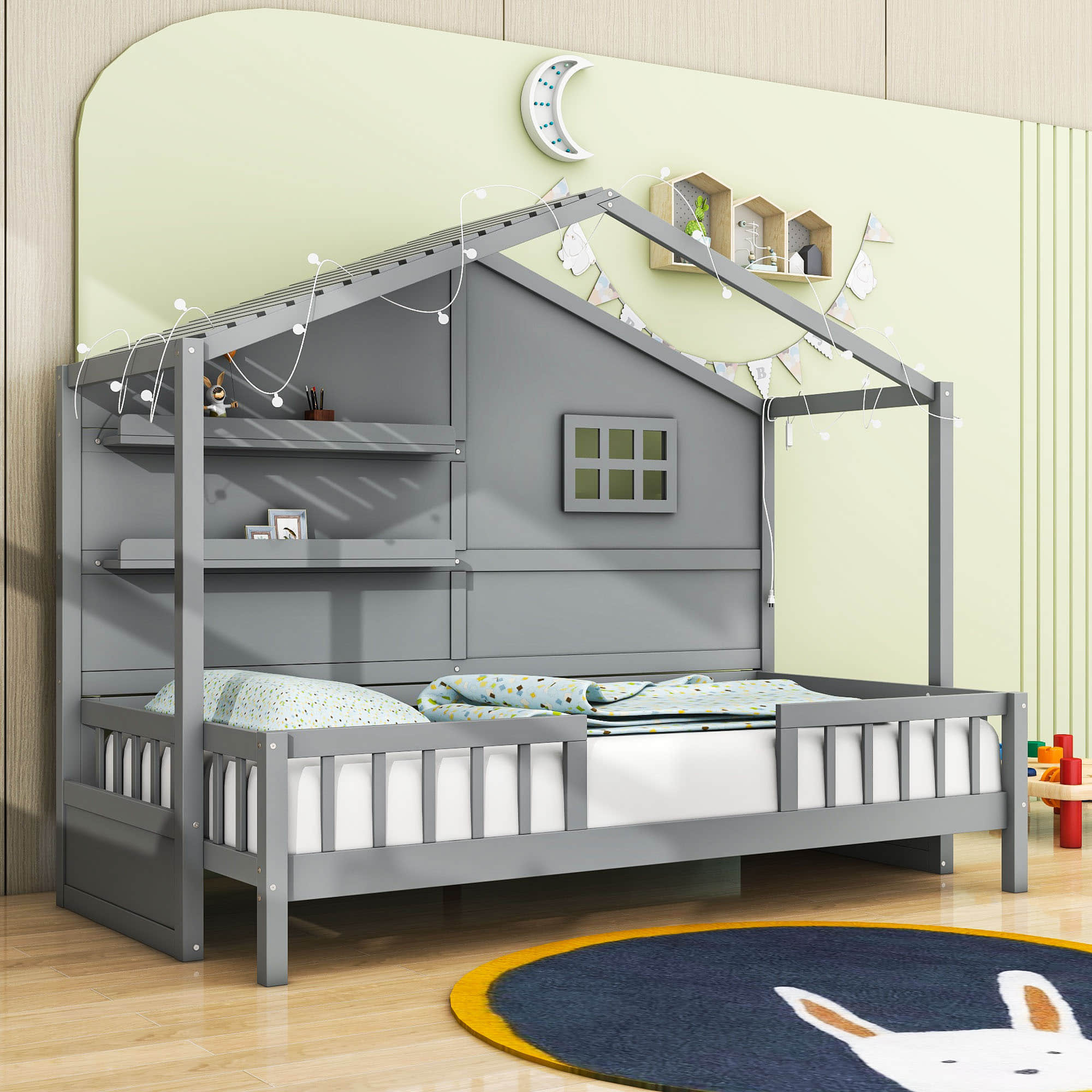 Low Profile Twin House Bed Frame for Kids with Rails and Light Strip