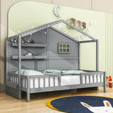 Low Profile Twin House Bed Frame for Kids with Rails and Light Strip